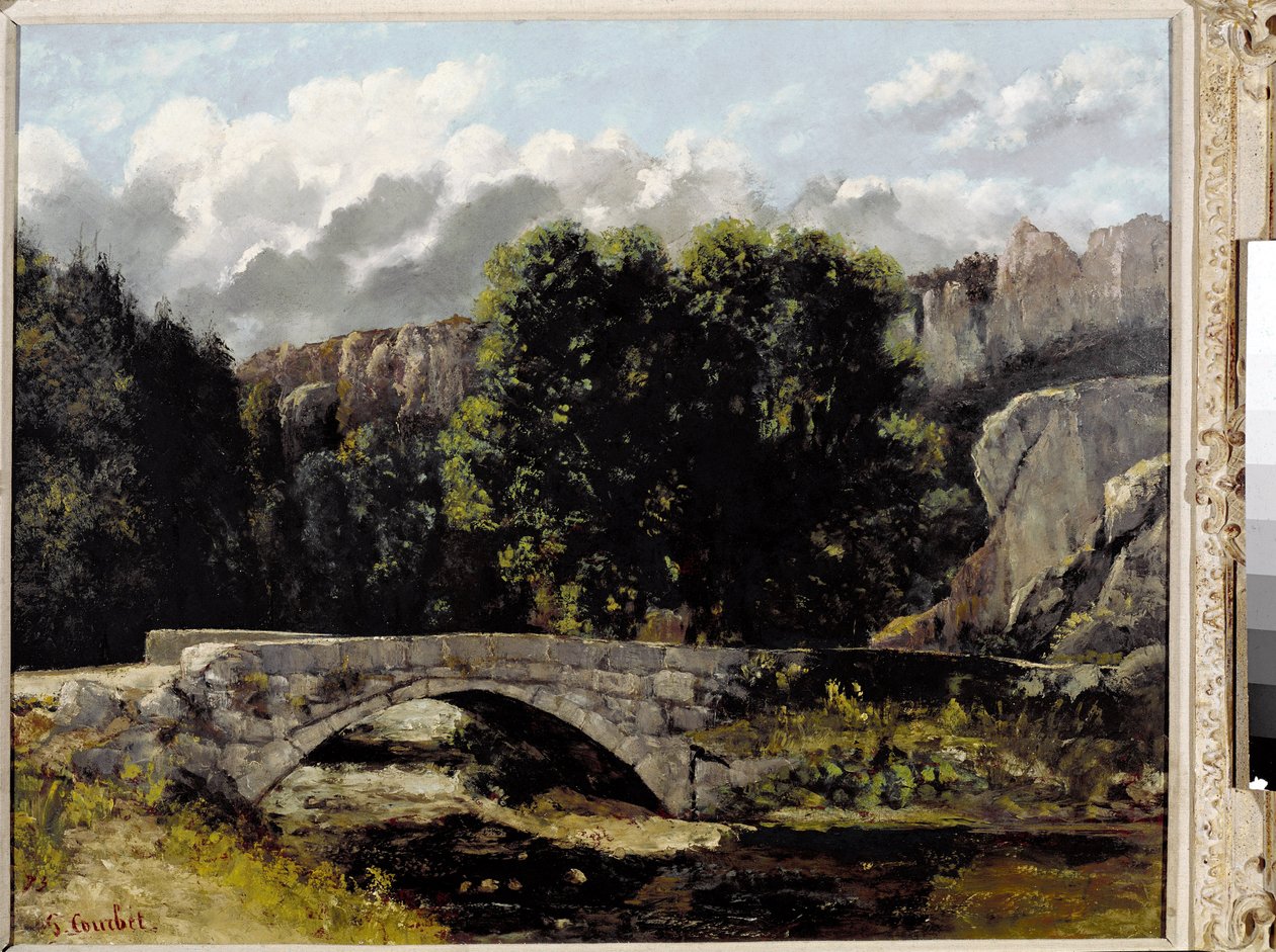 Udsigt over broen af Saint Sulpice i Fleurier, Schweiz (olie på lærred af Gustave Courbet