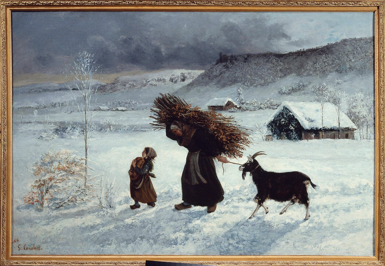 Landsbyfattigdom, Ornans. En bonde og hendes datter medbringer brød, køjer af træ og en ged som vinterforsyning. Maleri af Gustave Courbet (1819-1877) 1800-tallet søn. 1,26 X 0,85 m. Privat samling af Gustave Courbet