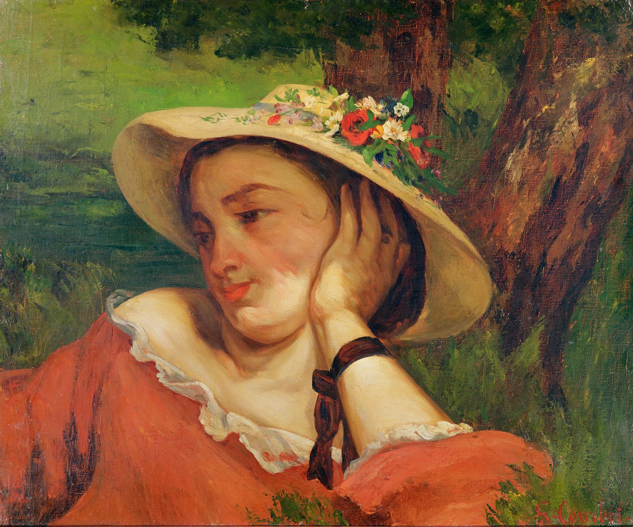 Kvinde i stråhat med blomster, ca. 1857 af Gustave Courbet