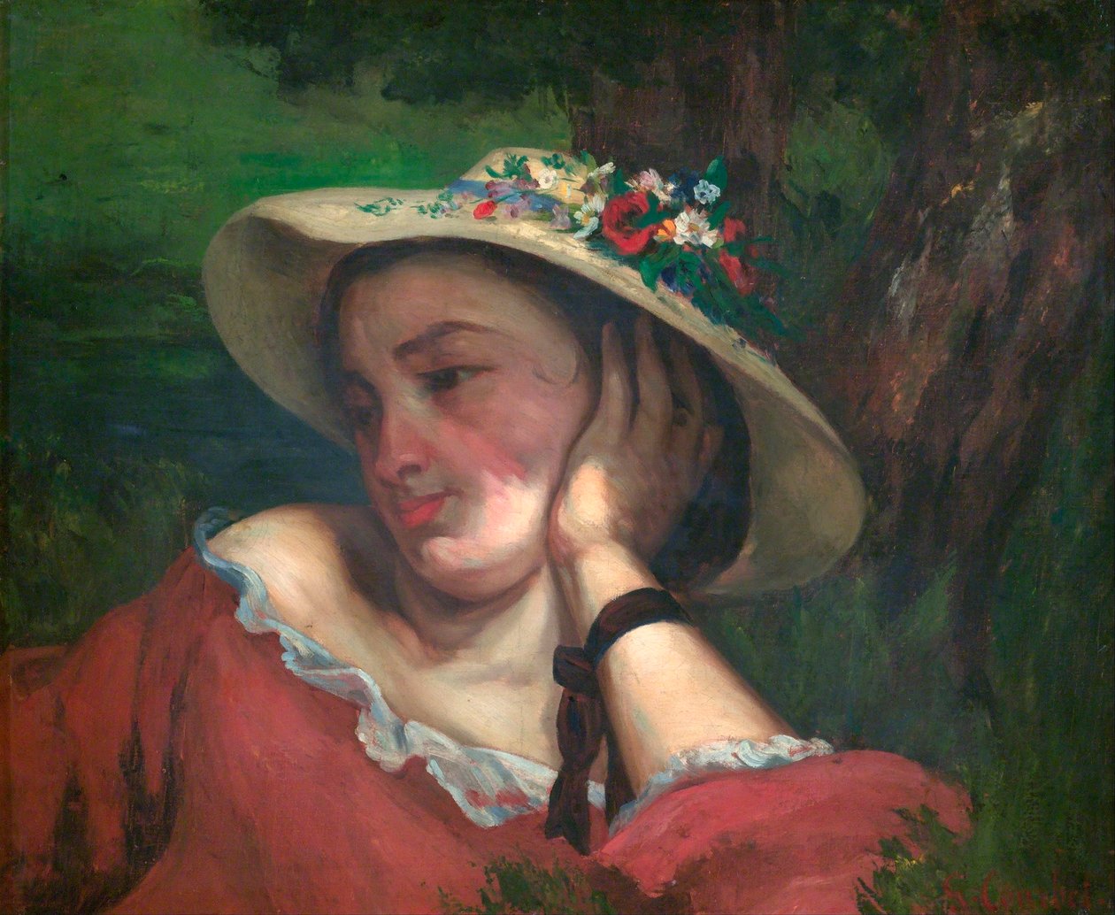 Kvinde med blomster på sin hat - Courbet, Gustave (1819-1877) - 1857 - Olie på lærred - Nationalgalleriet, Prag af Gustave Courbet