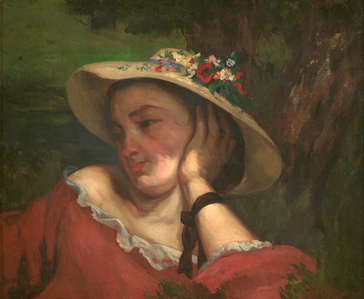 Unge damer på Seinens bred - fragment af et maleri (Kvinde med blomster på hatten) af Gustave Courbet
