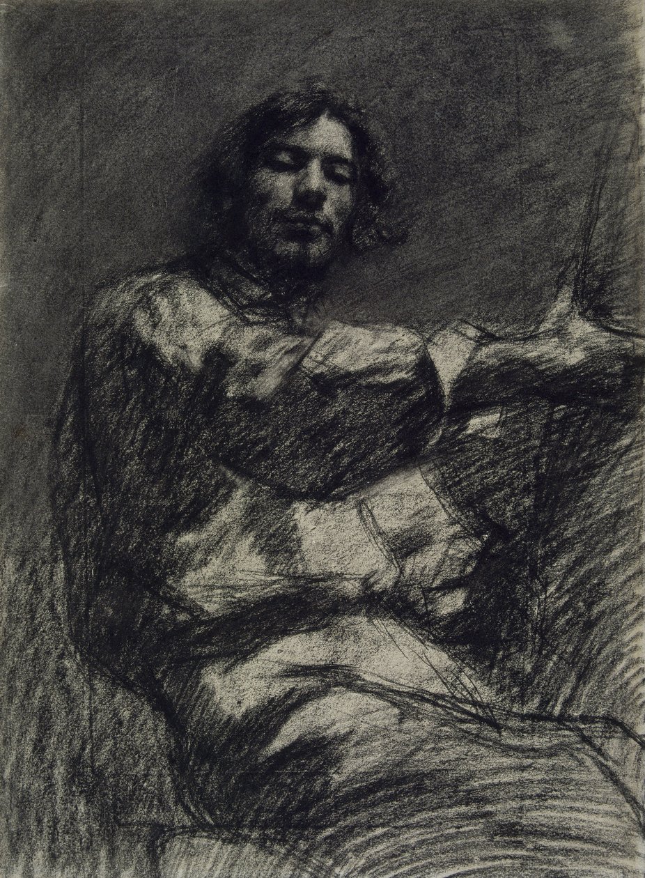 Ung mand sidder, studerer. Selvportræt ved staffeliet, ca. 1847 af Gustave Courbet