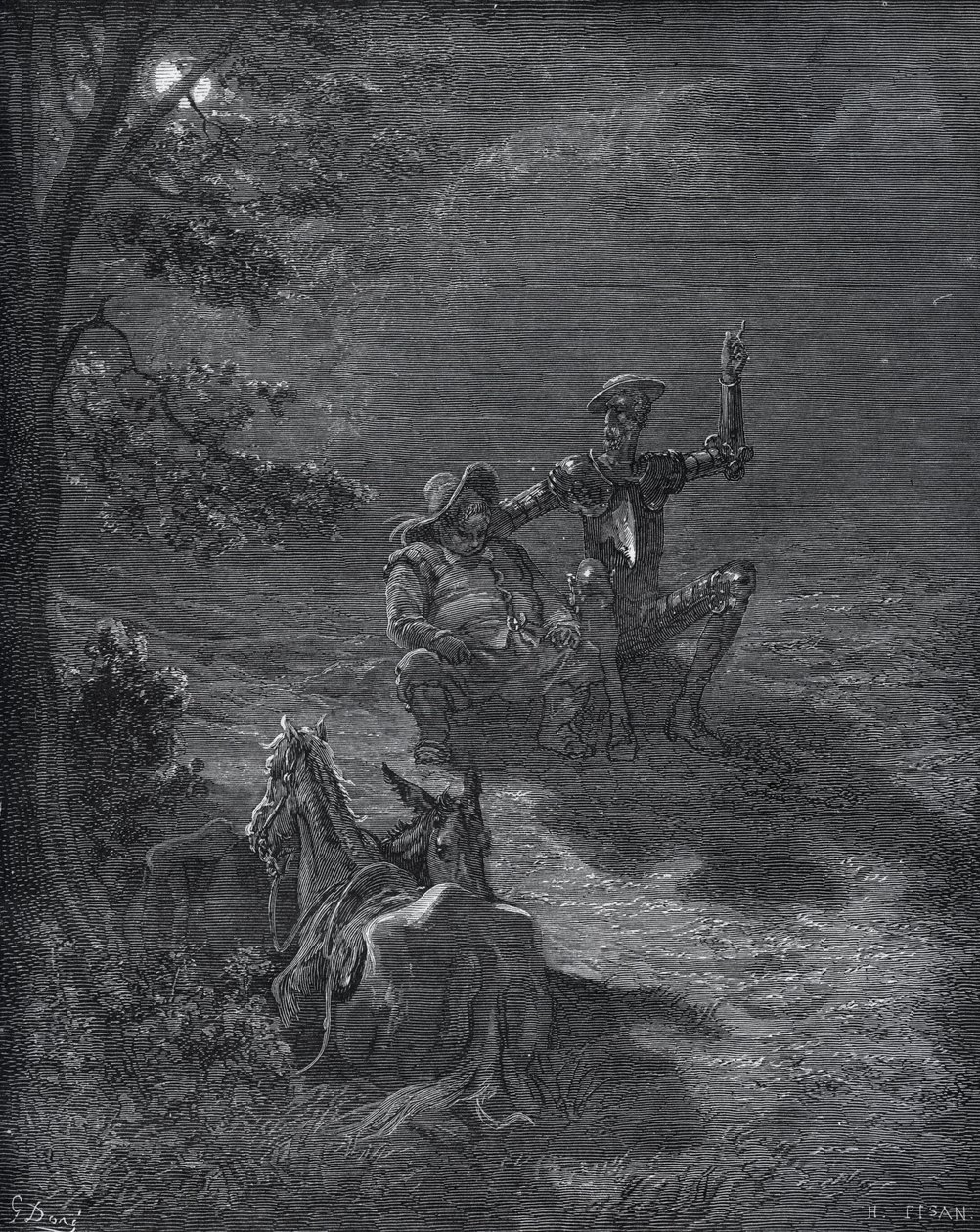 A Nocturnal Discours - fra "Don Quixote de la Mancha" af Miguel Cervantes (1547-1616) (Don Quixote) - Træsnit efter tegning af Gustave Dore af Gustave Dore