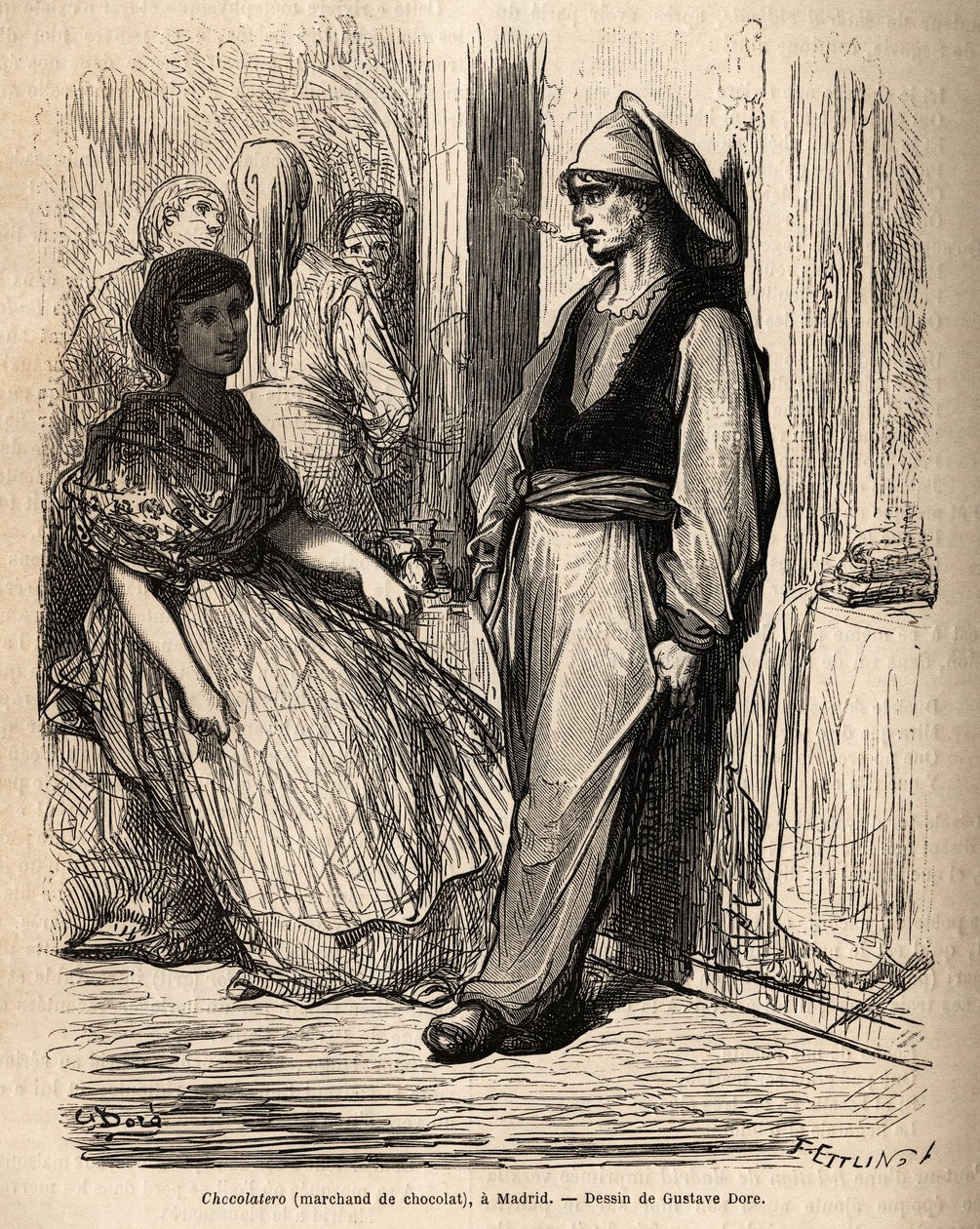 En chokoladehandler i det fri, skitse på den livlige taget i Madrid. Stik af Gustave Dore (1832-1883) til illustration af hans rejse til Spanien, med Ch. Davillier (redaktør), i 1862, udgivet i "" Le tour du monde""" 1869, redigeret af Edouard Charton, Hac af Gustave Dore