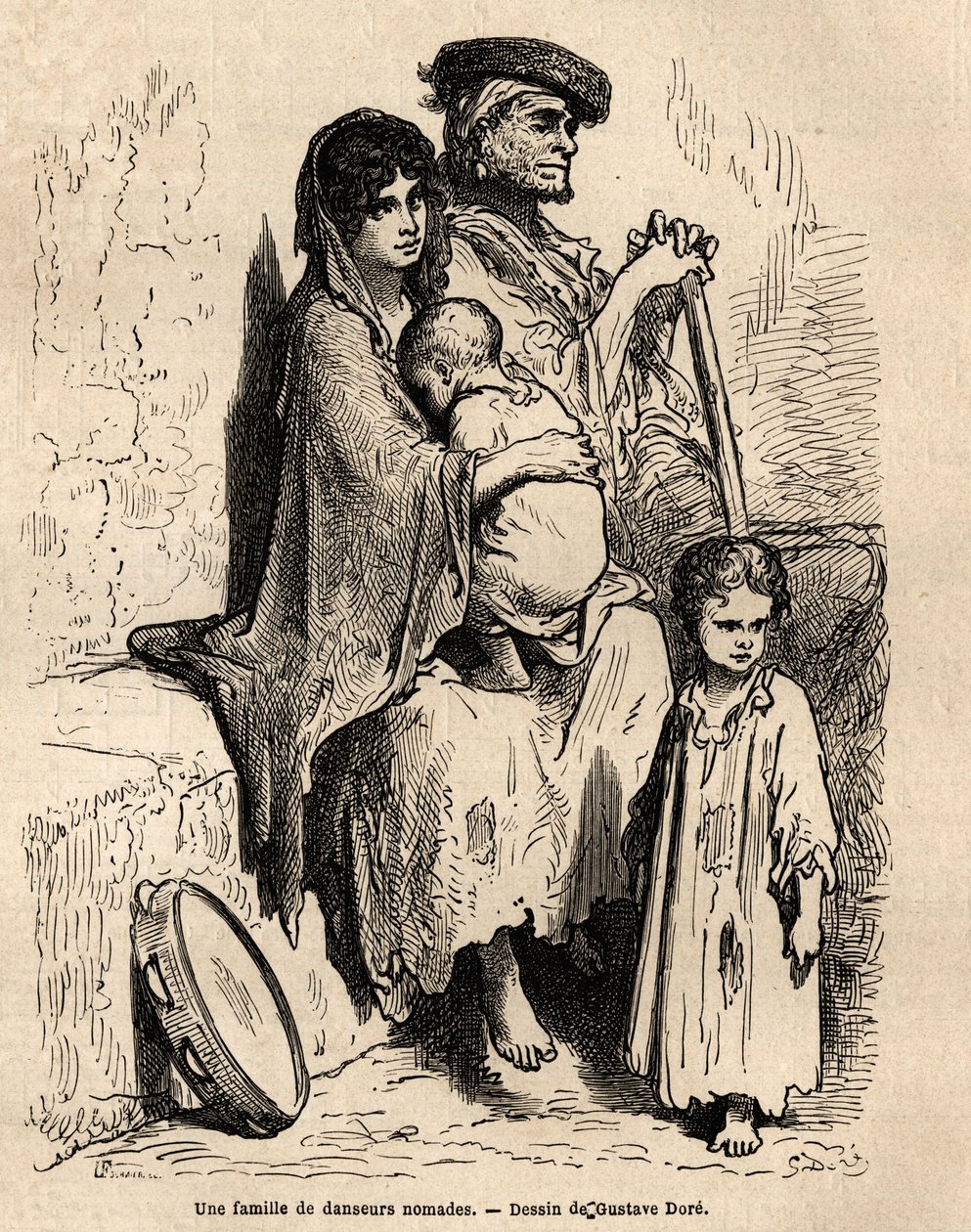 En familie af nomadedansere hviler i Sevillas gader. Skitse taget live af Gustave Dore (1832-1883). Gravering til illustration af rejsen i Spanien, i 1862 af Charles Davillier og Gustave Dore, i "Le tour du monde, nouveau journal des voyag af Gustave Dore