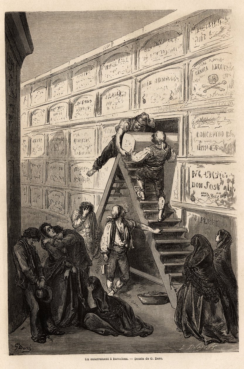 En begravelse i Barcelona, tegning af Gustave Dore (1832-1883), for at illustrere hans rejse til Spanien, med C. Davillier, i 1862. Indgravering i "" Le tour du monde ", redigeret af Edouard Charton af Gustave Dore