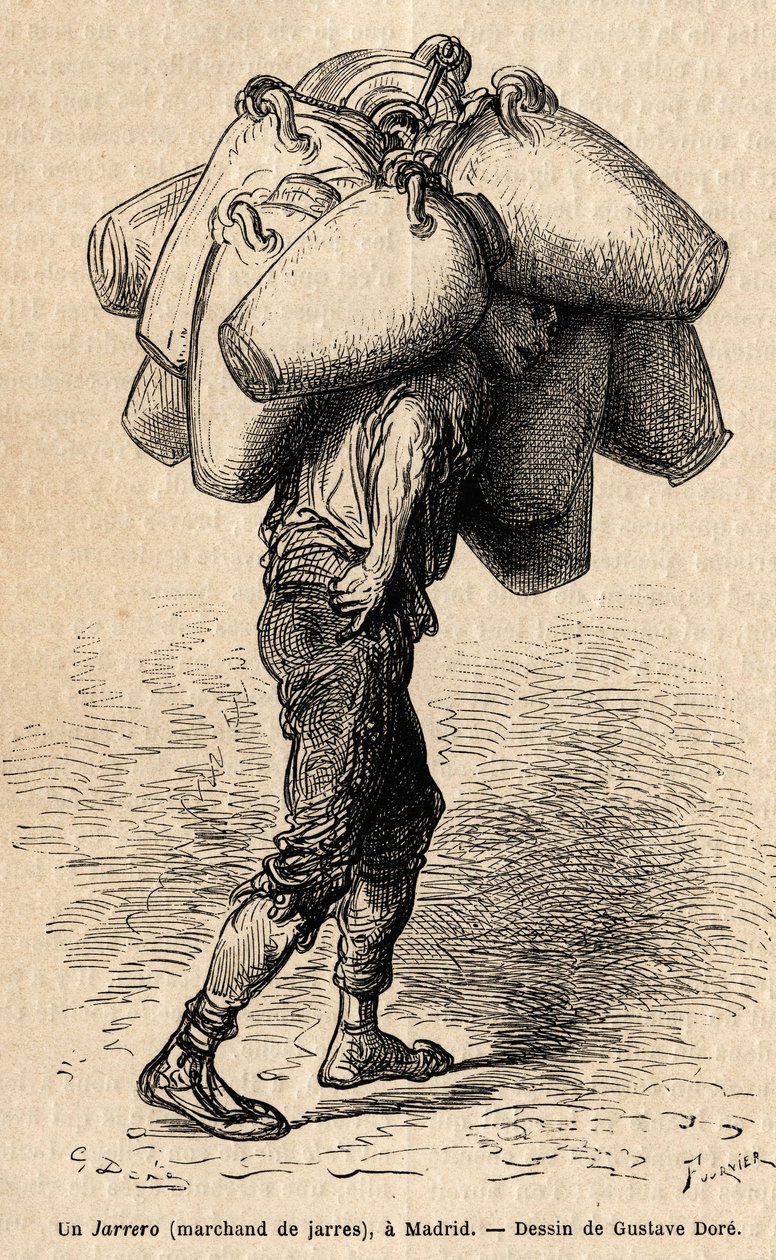 En krukkehandler, skitse på den livlige taget i Madrid. Stik af Gustave Dore (1832-1883) til illustration af hans rejse til Spanien, med Ch. Davillier (redaktør), i 1862, udgivet i "" Le tour du monde""" 1869, redigeret af Edouard Charton, Hachette-udgaven af Gustave Dore