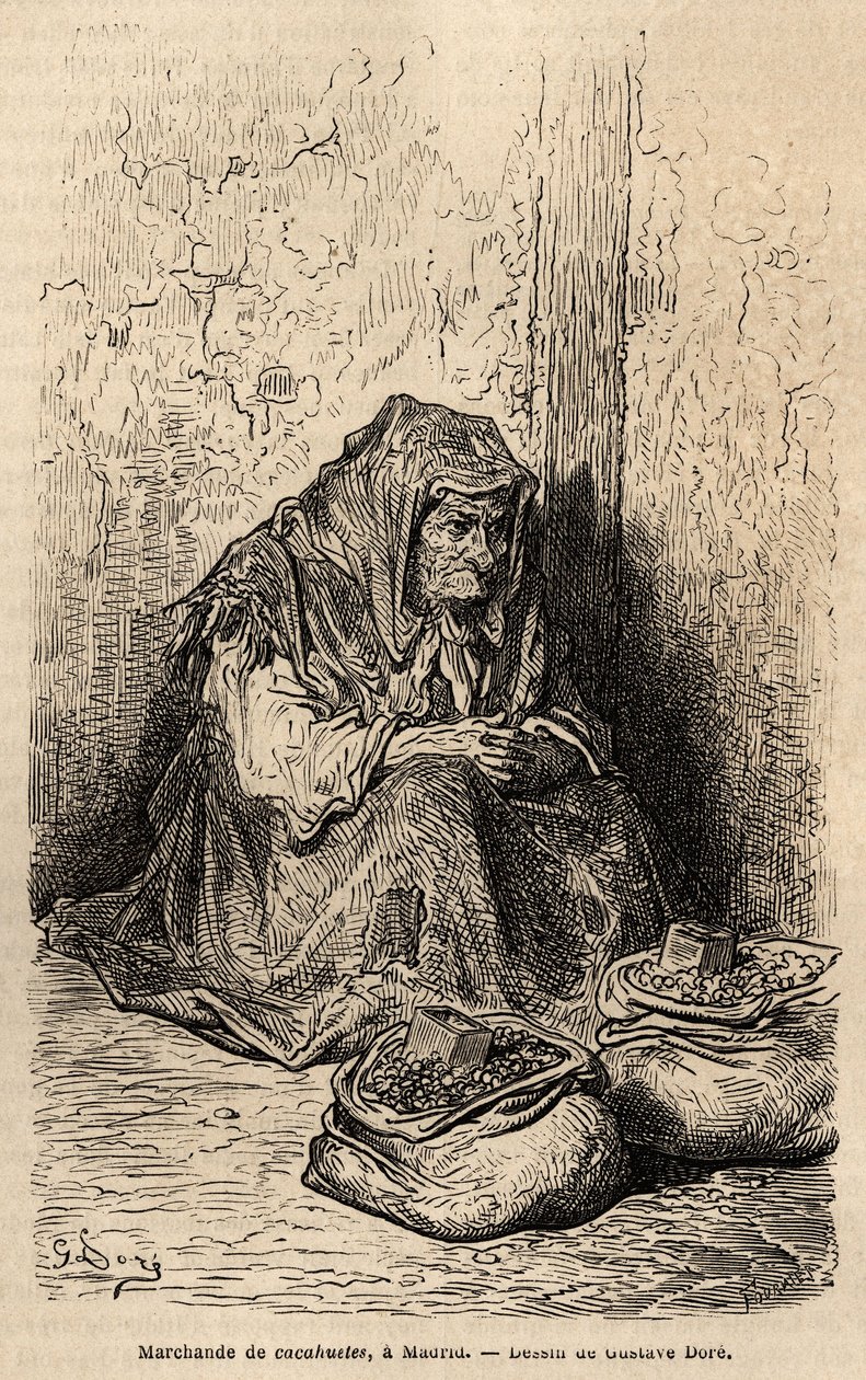 En jordnøddehandler, skitser på live i puerta del sol i Madrid. Stik af Gustave Dore (1832-1883) til illustration af hans rejse til Spanien, med Ch. Davillier (redaktør), i 1862, udgivet i "" Le tour du monde""" 1869, redigeret af Edouard Charton, Hachet af Gustave Dore