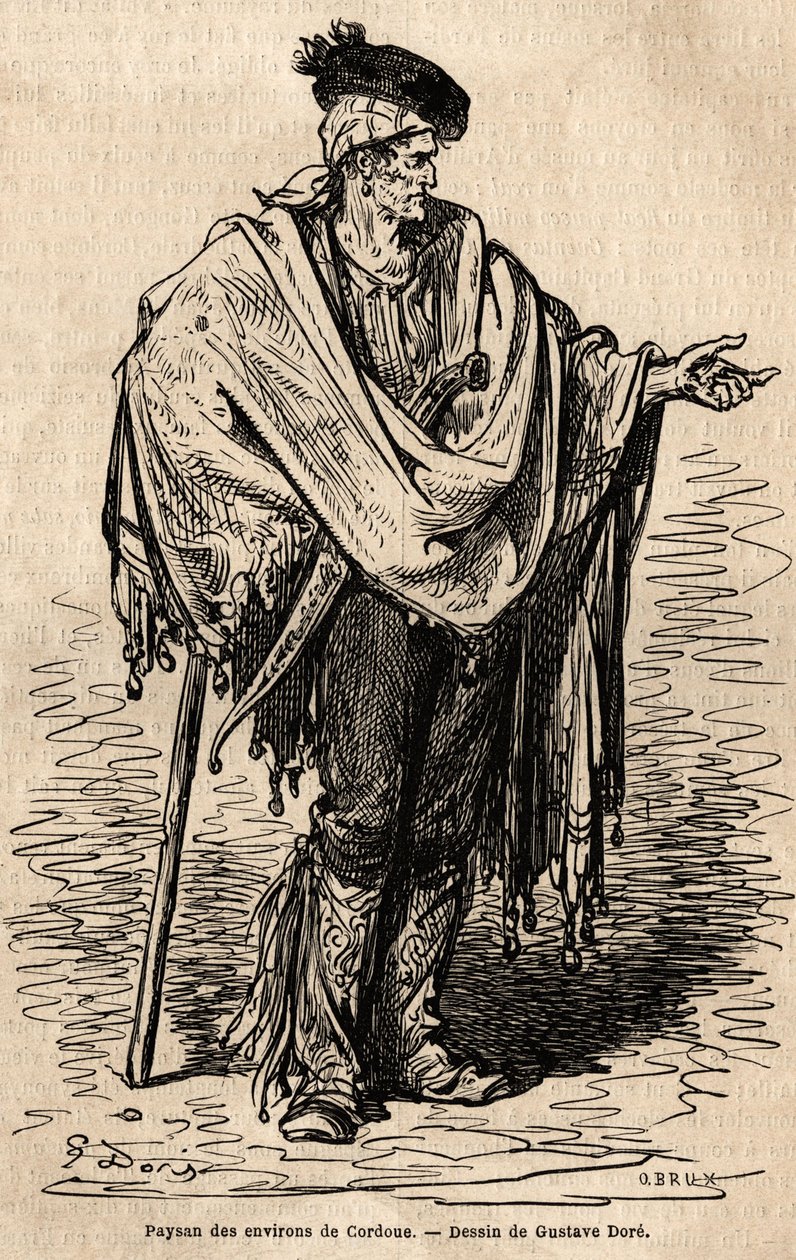 En bonde fra Cordoba-regionen. Skitse taget live af Gustave Dore (1832-1883). Gravering til illustration af rejsen i Spanien, i 1862 af Charles Davillier og Gustave Dore, i "Le tour du monde, nouveau journal des voyages"" udgivet under dir. af Gustave Dore