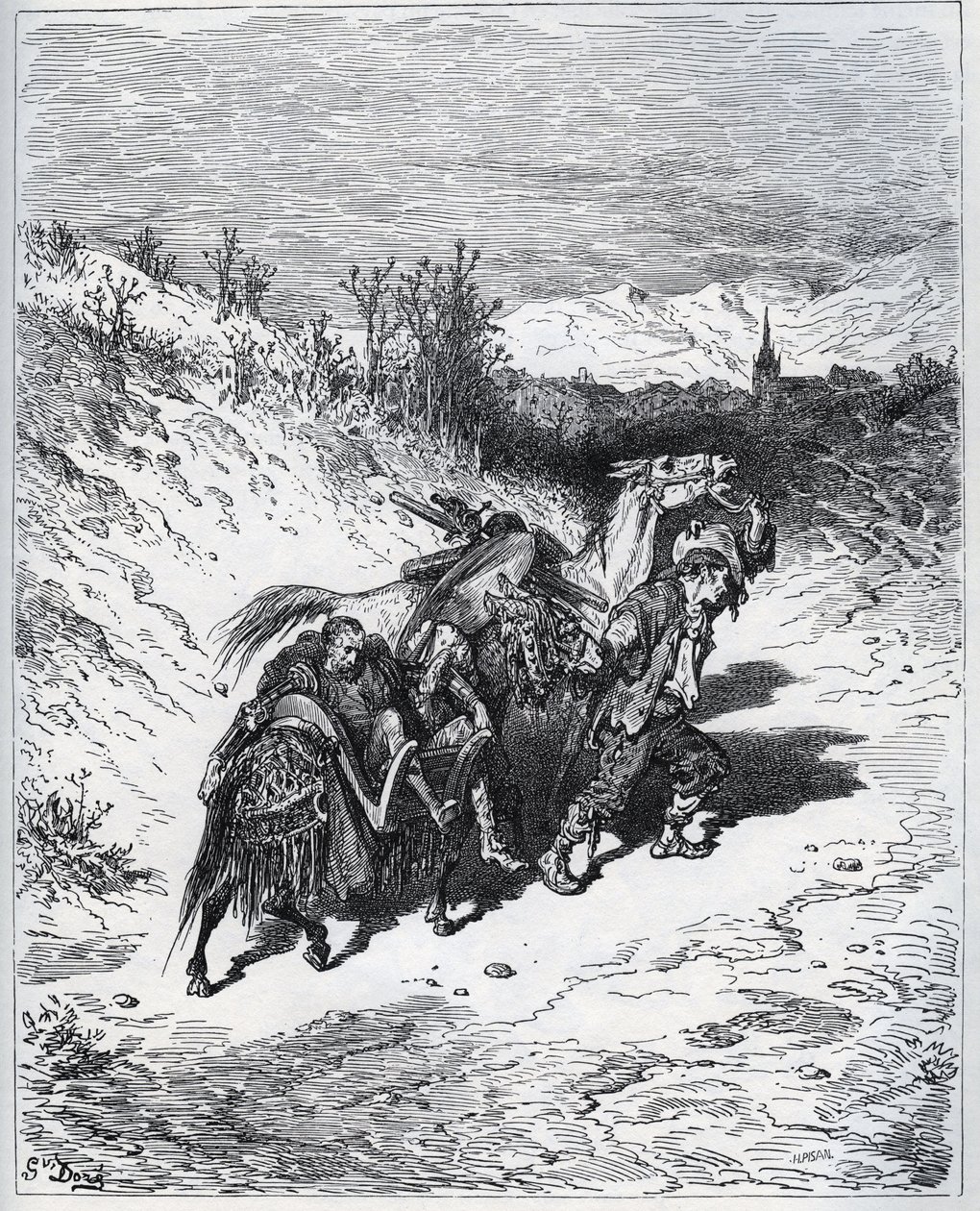 En pløjer bringer Don Quixote og Rossinante tilbage til landsbyen - fra "Don Quixote de la Mancha"" af Miguel Cervantes af Gustave Dore