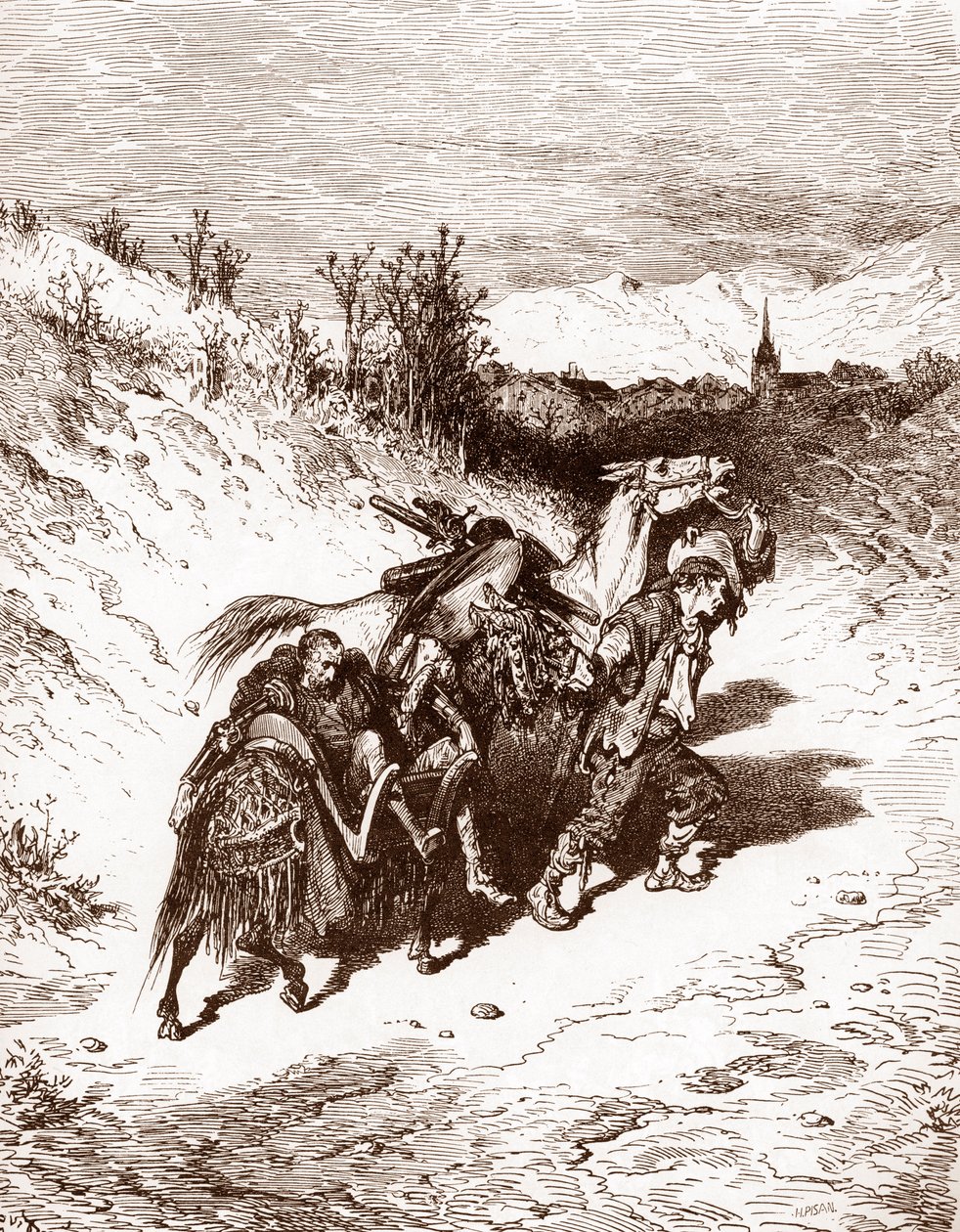 En plovmand fra sin egen landsby bringer Quixote hjem. Gravering af Gustave Dore (1832-1883) til "L
