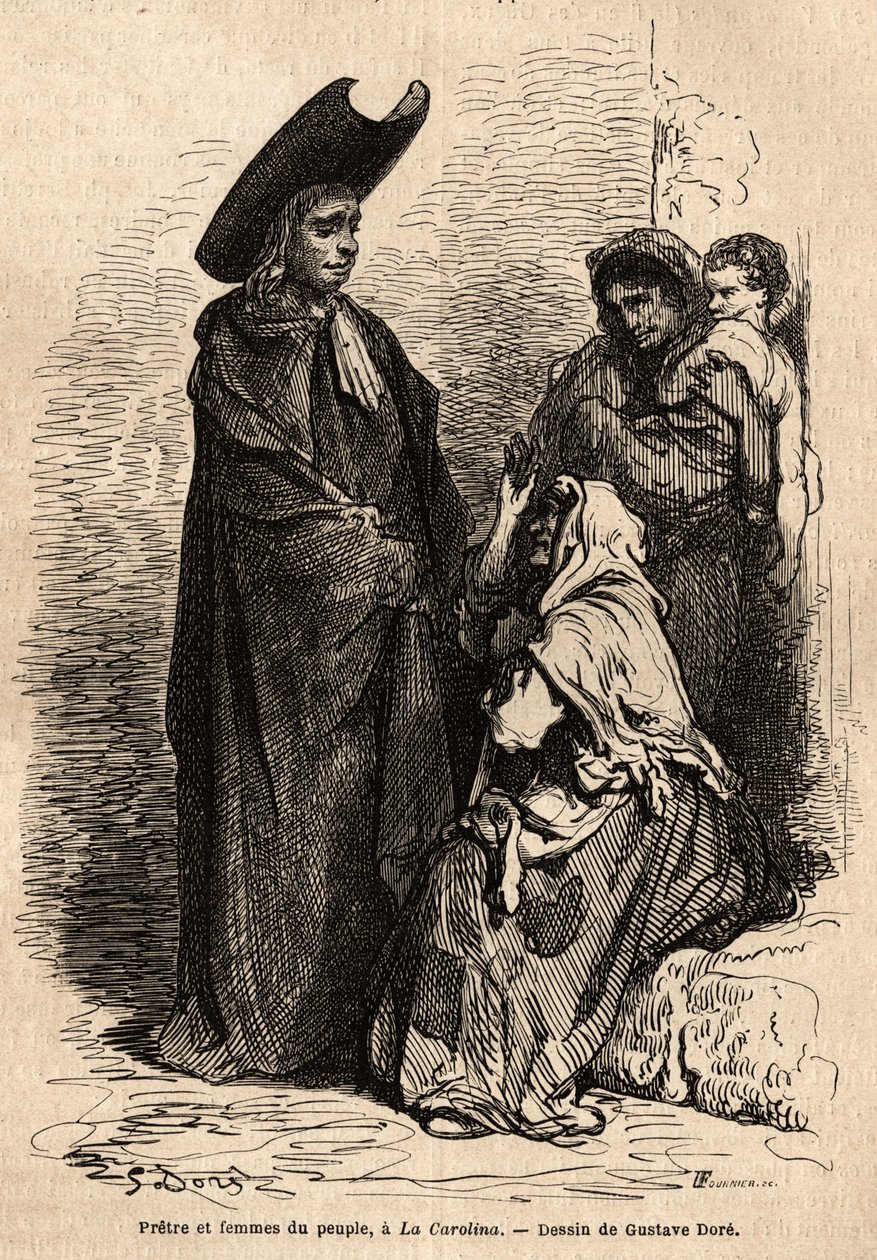 En præst og en kvinde af folket, klædt i klude; de professionelle spanske tiggere slog sig ned på kirkernes domstole for at udnytte den kristne næstekærlighed dygtigt. Skitse taget live af Gustave Dore (1832-1883). Gravering til illustration af rejsen af Gustave Dore
