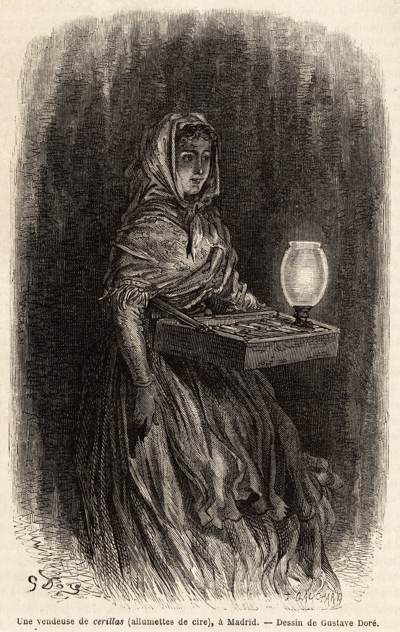 En sælger af vokstændstikker, skitser på live i puerta del sol i Madrid. Stik af Gustave Dore (1832-1883) til illustration af hans rejse til Spanien, med Ch. Davillier (redaktør), i 1862, udgivet i "" Le tour du monde""" 1869, redigeret af Edouard Charton, af Gustave Dore