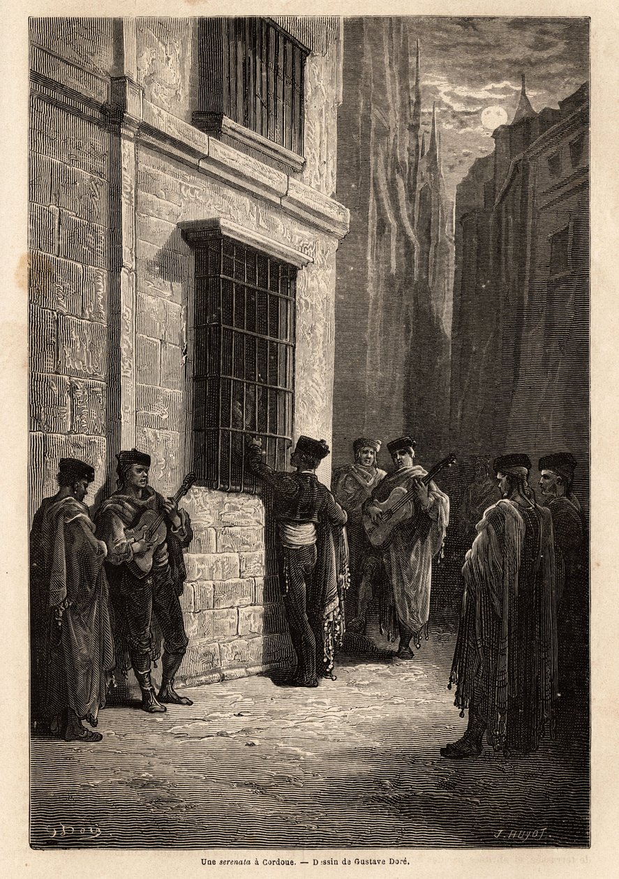En serenade i måneskin, i Cordobas gader, taler elskeren med guitar i hånden lavmælt til sin forlovede gennem et trådnetvindue, reciterer digte eller synger en sang for ham. Tegning af Gustave Dore (1832-1883). Gravering for at illustrere v af Gustave Dore