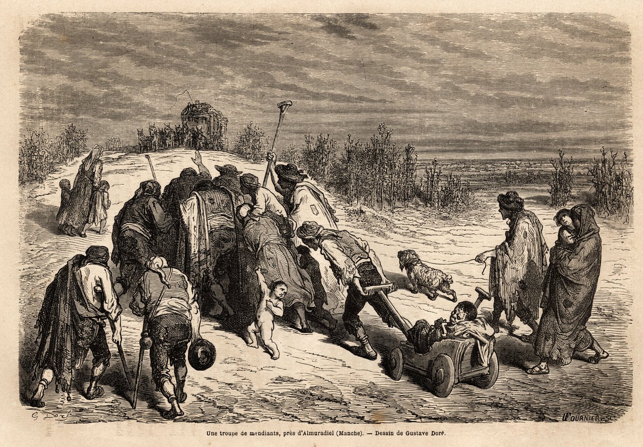En trup af tiggere og svagelige, en veritabel domstol for mirakler, er på vej til en flid for at bede om almon i nærheden af Almuradiel (Mancha-provinsen). Tegning af Gustave Dore (1832-1883). Gravering til illustration af rejsen i Spanien, i 1862 af Charl af Gustave Dore