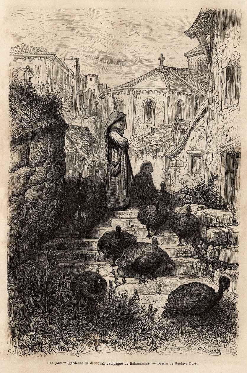 En kalkunpasser, i gaderne i en landsby på landet i Salamanca. Tegning af Gustave Dore (1832-1883). Gravering til illustration af rejsen i Spanien, af Charles Davillier, i 1862, udgivet i "" Le tour du monde""" 1872, redigeret af Edouard Chart af Gustave Dore