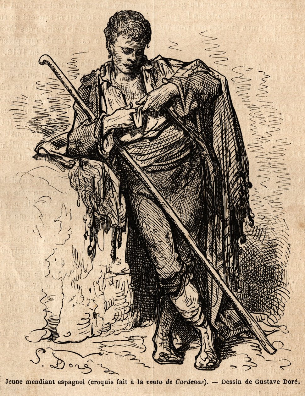 En ung tigger, a la vente de Cardenas, en kro på vejen til Almaden (provinsen Kanalen). Skitse taget live af Gustave Dore (1832-1883). Gravering til illustration af rejsen i Spanien, i 1862 af Charles Davillier og Gustave Dore, i "Le tour d af Gustave Dore