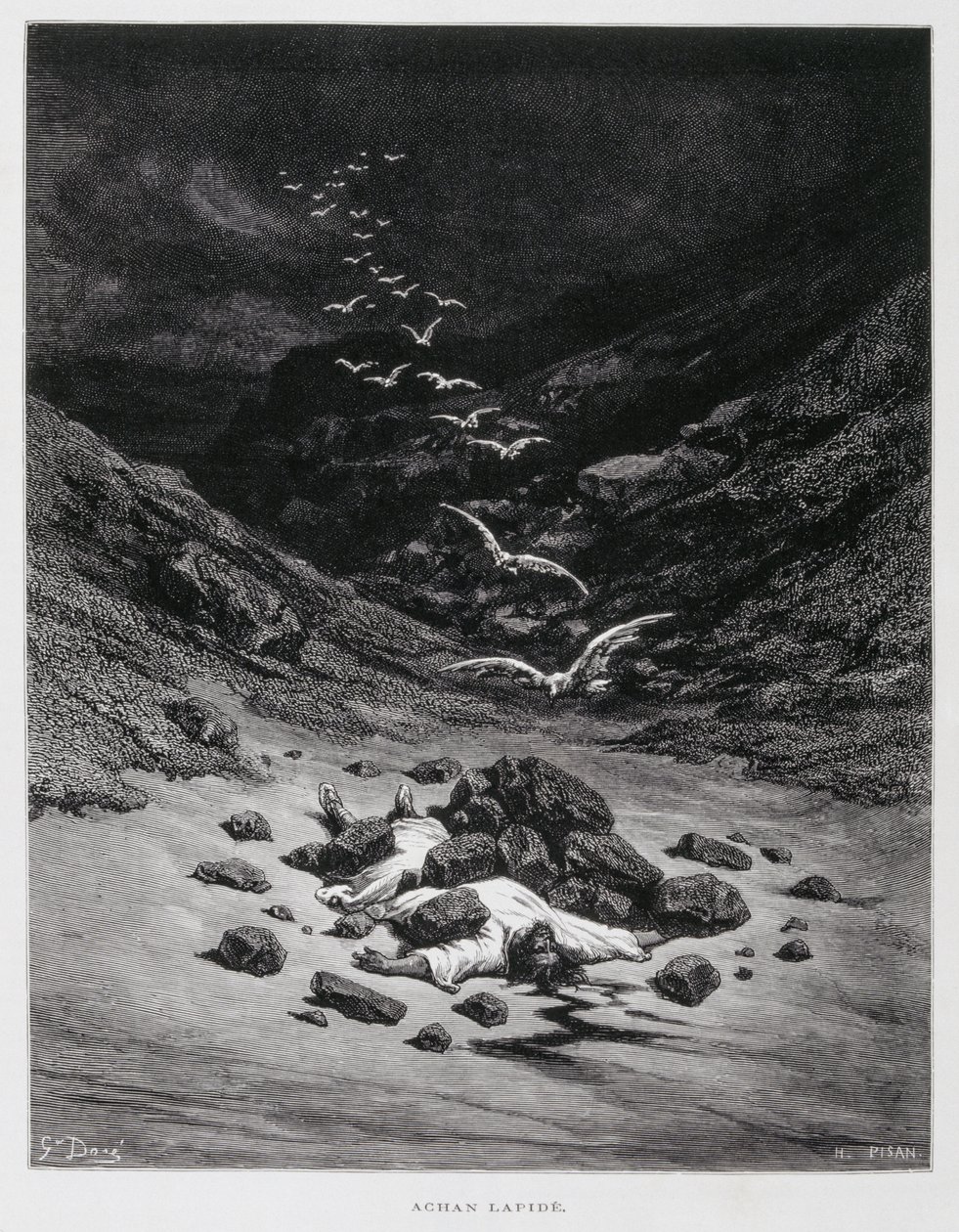 Akan stenes til døde (Josh. 7:1,10-26), Illustration fra Dore Bible af Gustave Dore