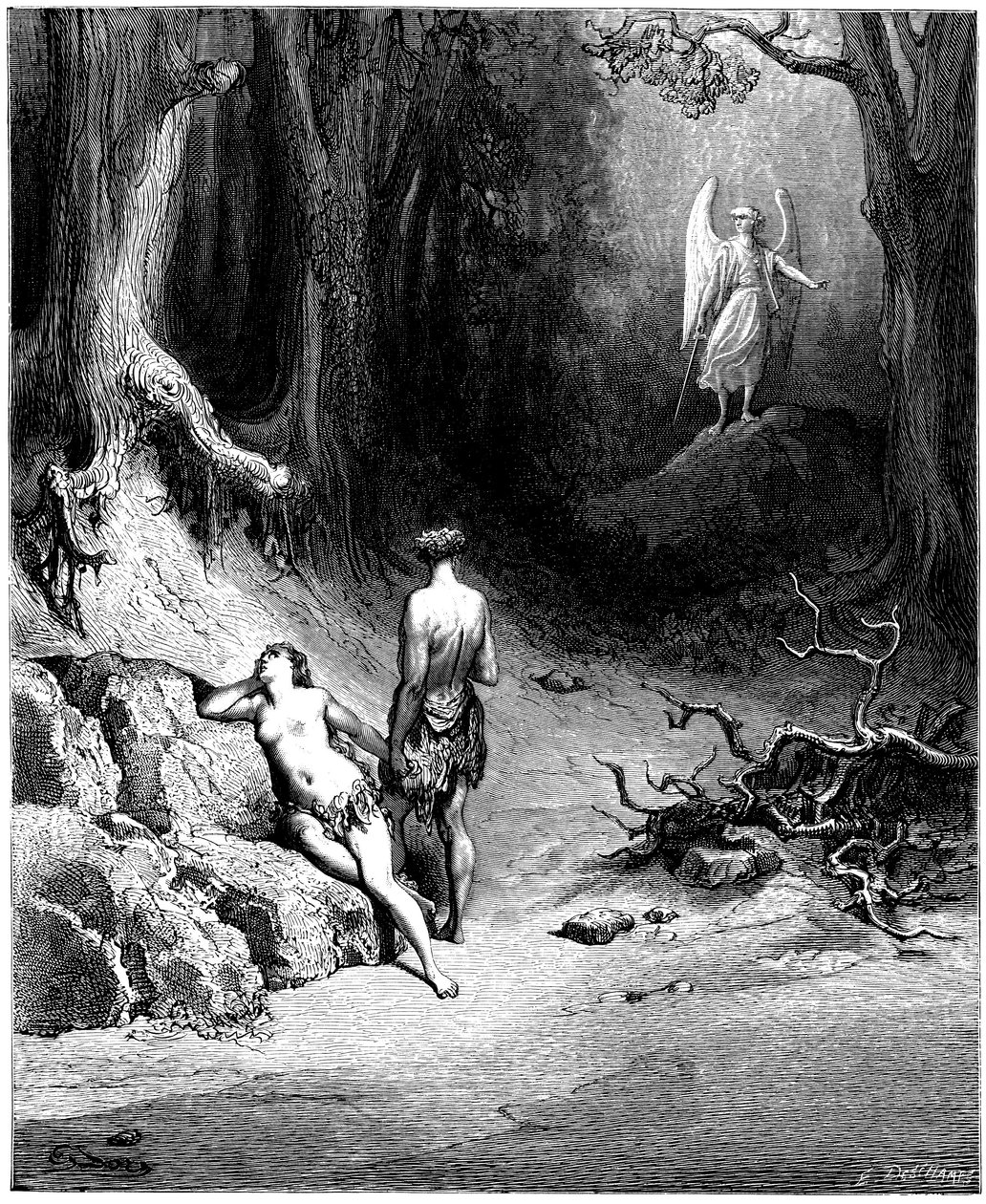 Adam og Eva jages ud af Paradiset. Illustration af Gustave Dore til "Paradise Lost" af John Milton (1608-1674). Gravering fra 1866. Privat samling af Gustave Dore