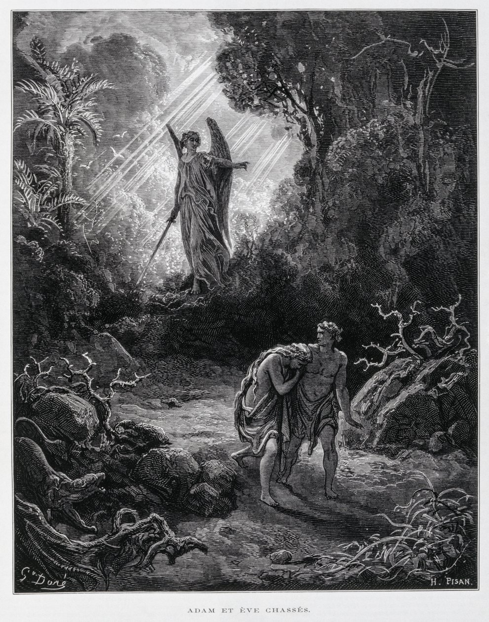 Adam og Eva forvist fra Edens Have af en engel, Illustration fra Dore-bibelen af Gustave Dore