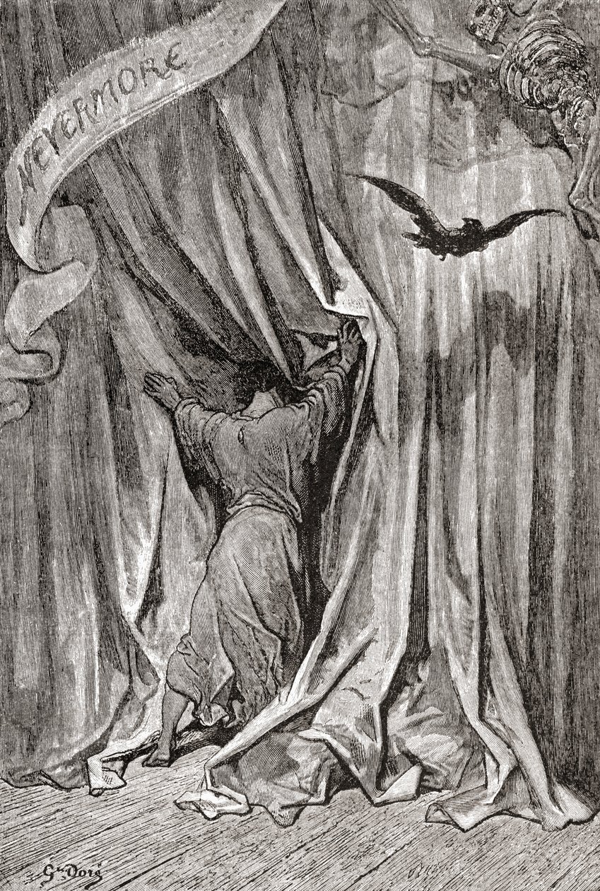 Efter en tegning af Gustave Dore til Edgar Allan Poes digt The Raven. Fra Life and Reminiscences of Gustave Dore, udgivet i 1885. af Gustave Dore