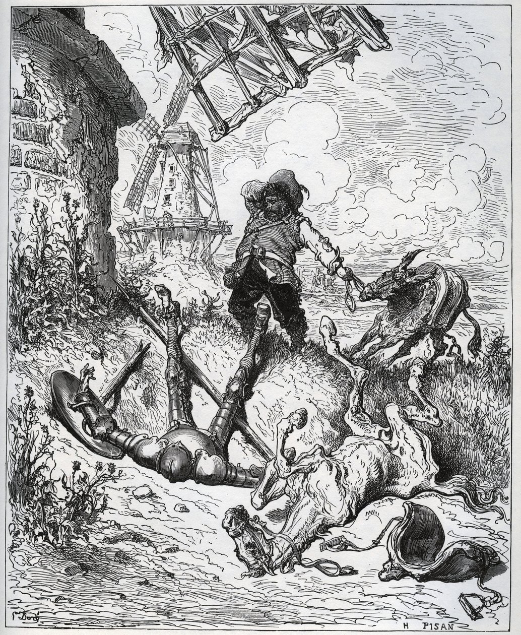 Efter overfaldet giver vindmøllerne - "" Misericorde! "" Sancho - fra "" Don Quixote de la Mancha"" af Miguel Cervantes (1547-1616) (Don Quixote) - Træsnit efter tegning af Gustave Dore af Gustave Dore