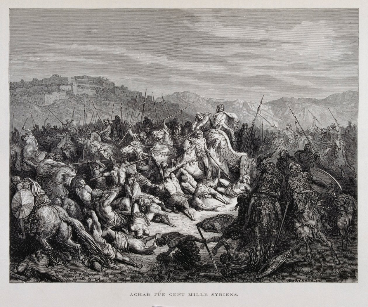 Ahab kæmper mod assyrerne i slaget ved Qarqar , Illustration fra Dore-bibelen af Gustave Dore