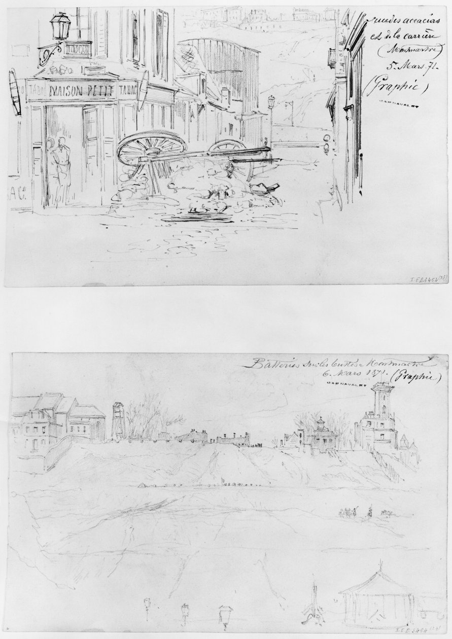 Album af belejringen af Paris, Rue des Acacias et rue de la Carriere 5. marts 1871, batterier på Buttes Montmartre 6. marts 1871 (pen og brun blæk vask og blyant på papir) af Gustave Dore