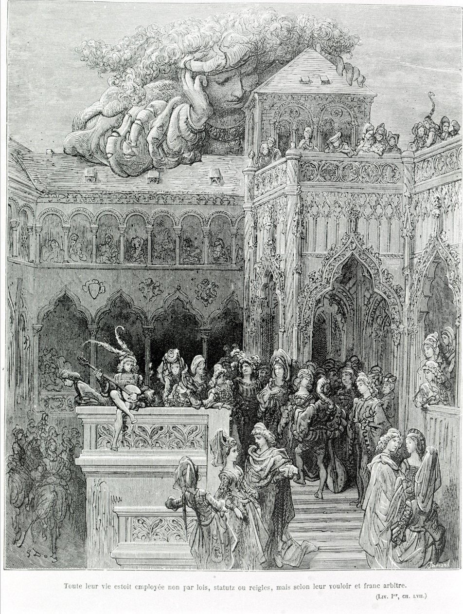 Hele deres liv blev ikke beskæftiget af love, vedtægter eller regler, men efter deres vilje og ærlige vilje, efter Gargantua (1534) af François Rabelais (1483 - 1553). Graveret af Gustave Dore (1832-1883). af Gustave Dore