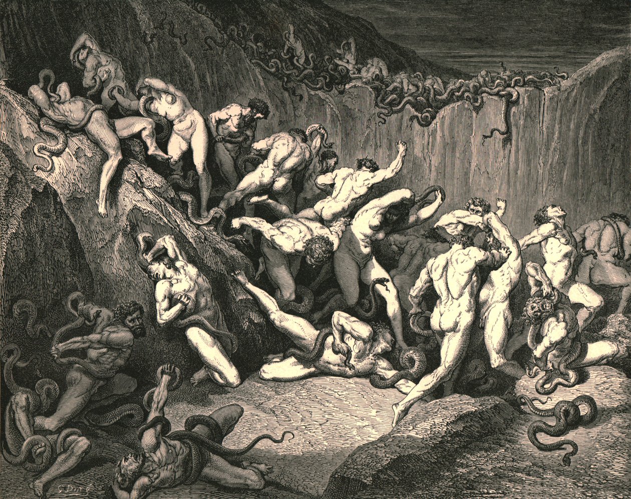Midt i denne frygtelige overflod af ve løb nøgne ånder bevinget af rædselsfuld frygt, c1890. af Gustave Dore