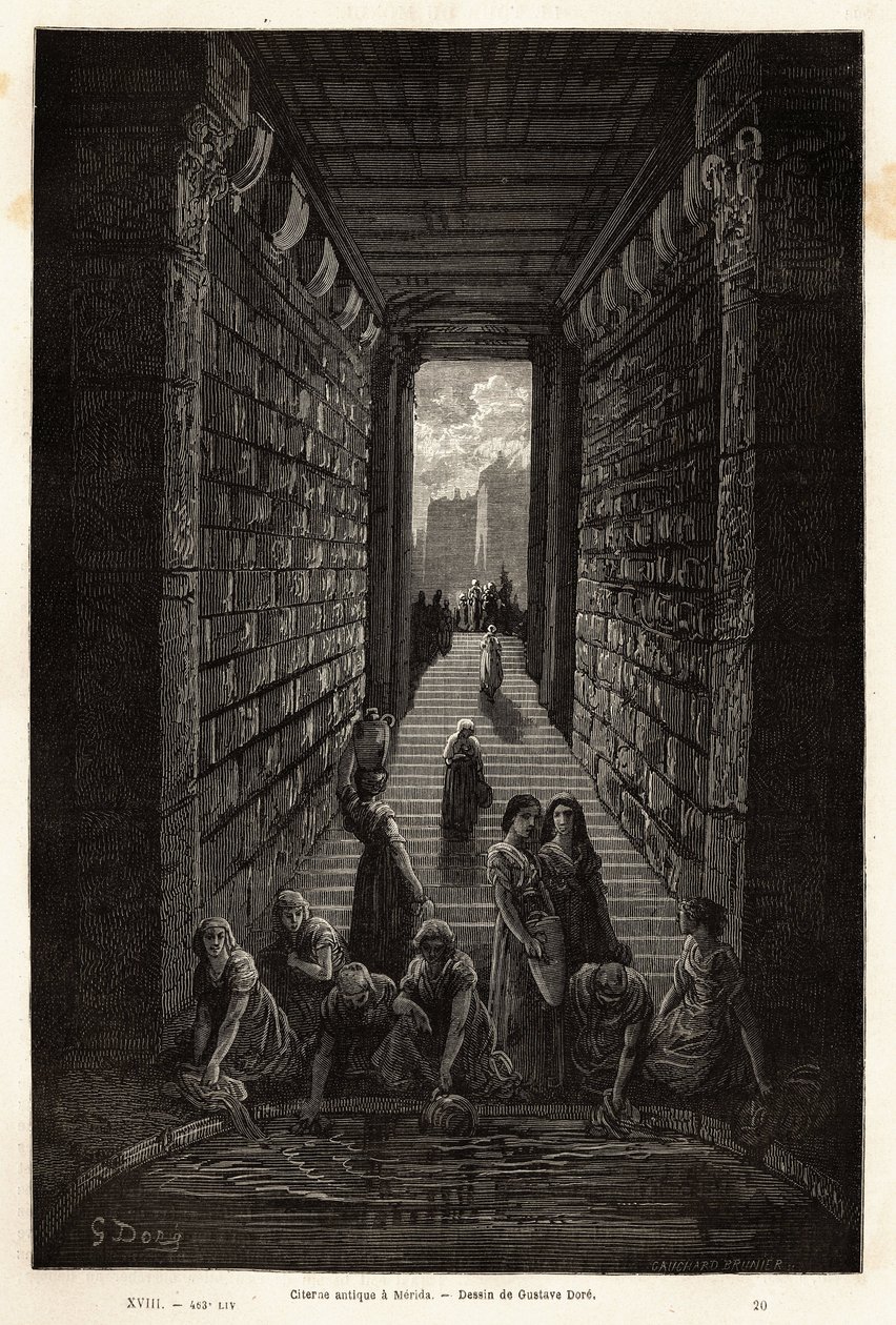 En antik cisterne, stadig i brug, i Merida. Gravering til illustration af rejsen til Spanien af Gustave Dore (1832-1883) illustrator og baron Ch. Davillier reaktor, i 1862, offentliggjort i "Le tour du monde, nouveau journal des voyages", under ledelse af af Gustave Dore