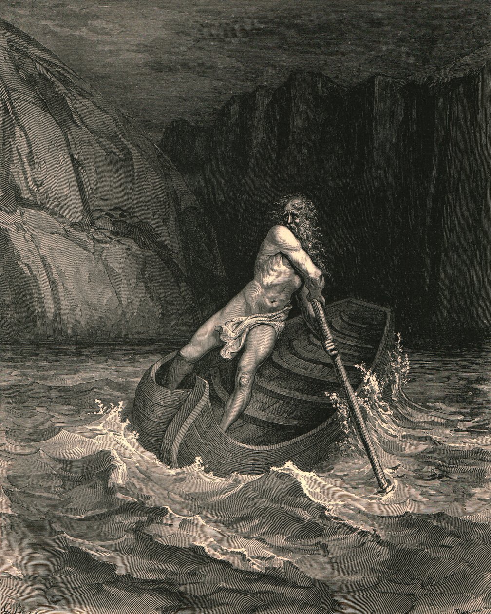 Og se! Mod os i en bark kommer en gammel mand, c1890. af Gustave Dore