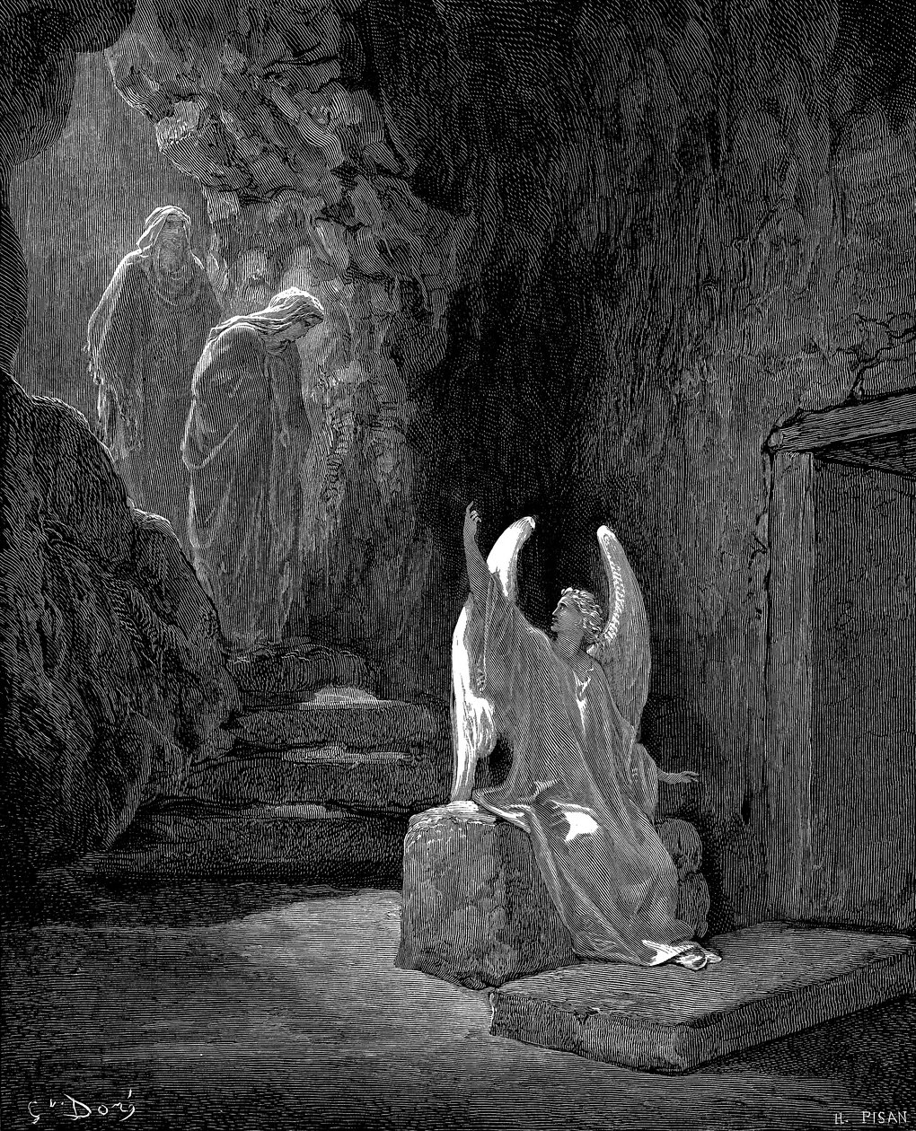 Engel, der viser Maria Magdalene og den anden Maria Kristi tomme grav, 1865-1866 af Gustave Dore