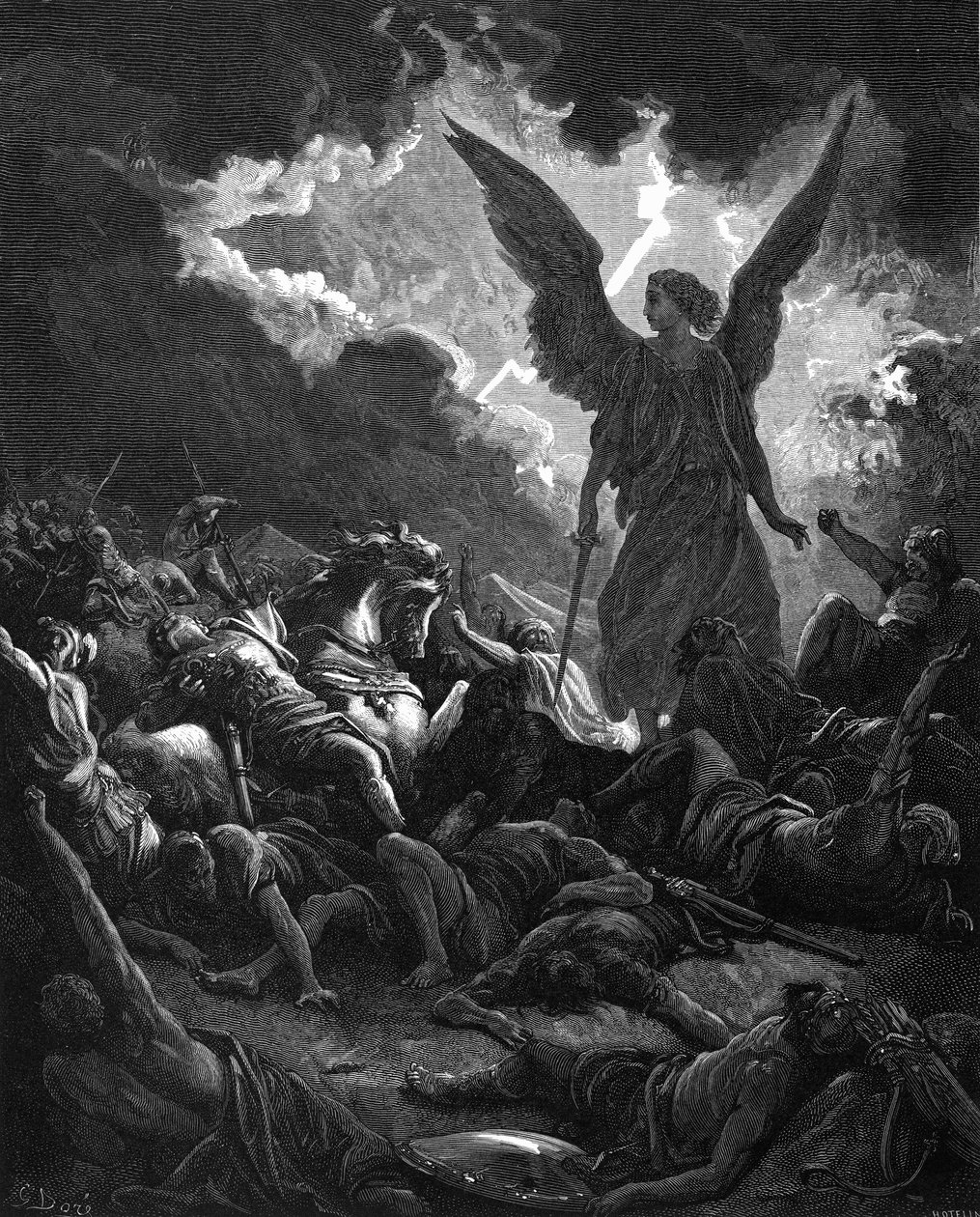Ærkeenglen Gabriel, Guds redskab, slog Sankeribs lejr og assyrerne, 1865-1866 af Gustave Dore