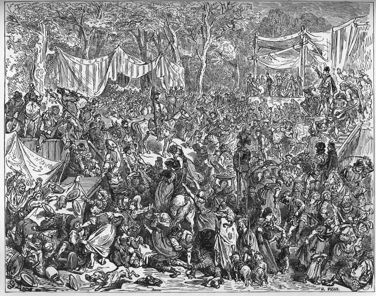 Arrivee de Don Quixote ved Camaches bryllup - fra "Don Quixote de la Mancha" af Miguel Cervantes (1547-1616) (Don Quixote) - Træsnit efter tegning af Gustave Dore af Gustave Dore