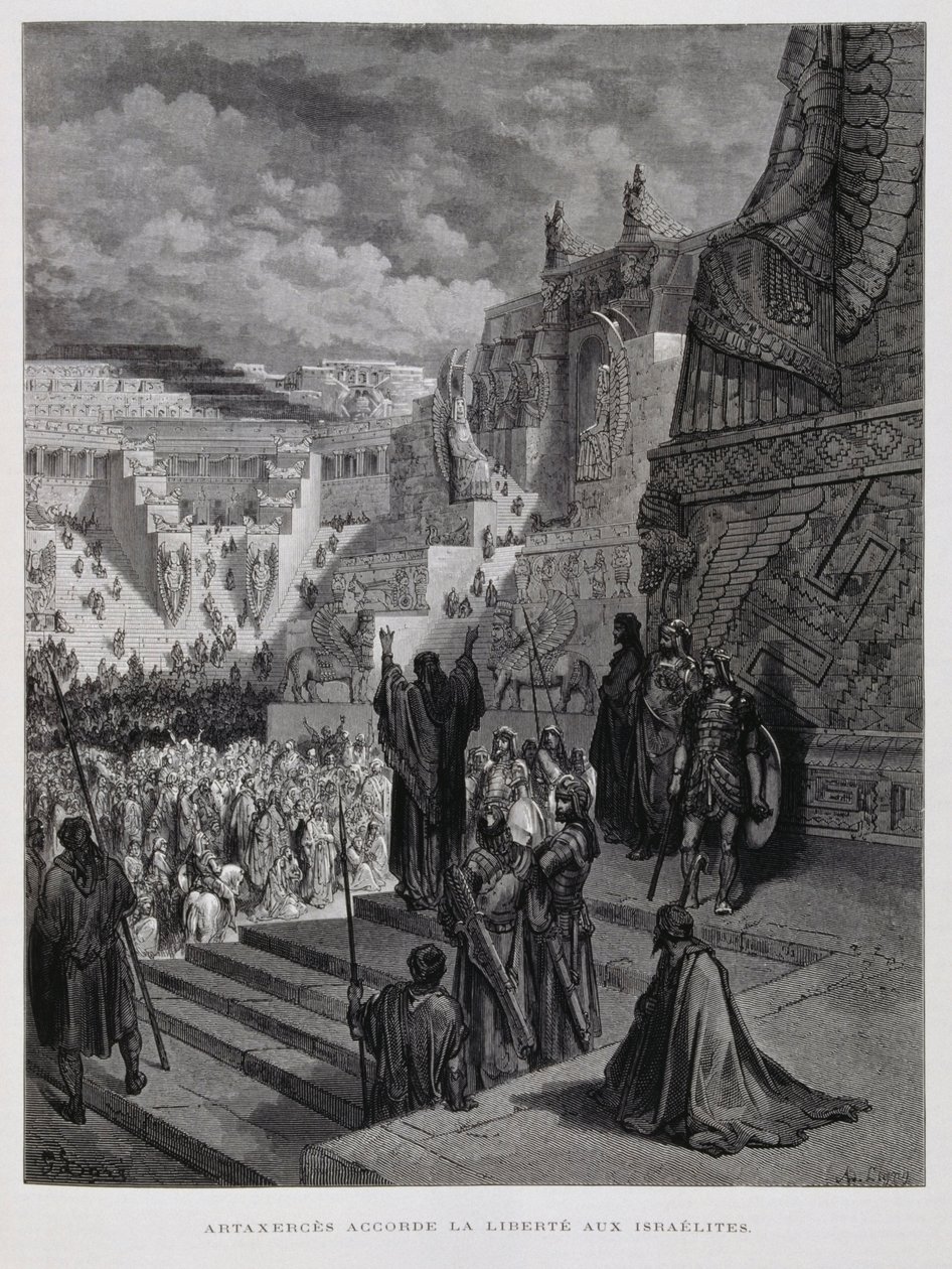 Artaxerxes giver frihed til jøderne i Persien, Illustration fra Dore-bibelen af Gustave Dore