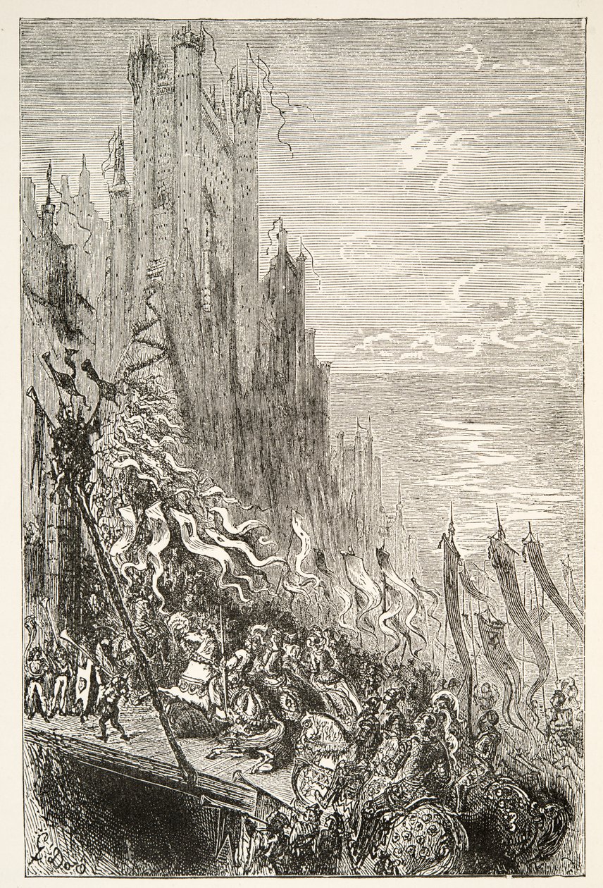At the City of the Countess of the Fountain, fra Stories of the Days of King Arthur af Charles Henry Hanson, pub.1898 af Gustave Dore