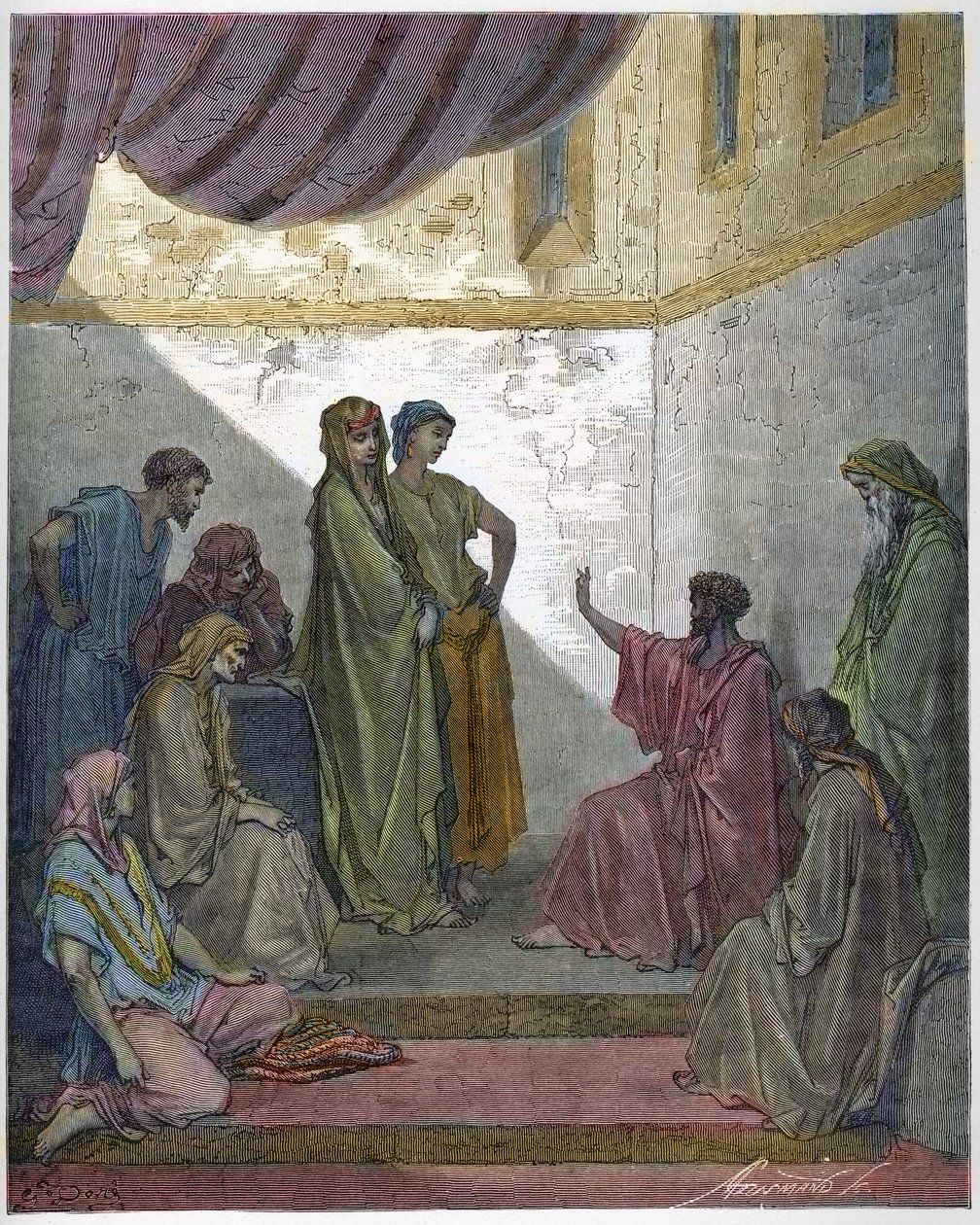 Døb af Cornelius the Centurion - Cornelius the Centurion modtager troen på Jesus Kristus, og bliver døbt af St. Peter. - Indgravering i "The Bible illustree" af Gustave Dore (1832-1883) - Gravering fra "" The Dore Bible"" af Gustave Dore