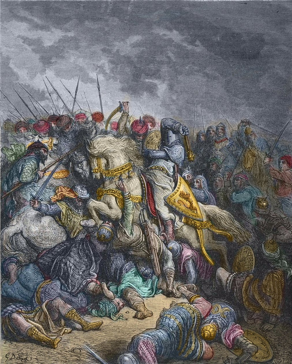 Slaget ved Arsur - Richard I Løvehjerte (1157-1199), konge af England, der deltager i det 3. korstog - Richard Løvehjerte i slaget ved Arsuf (1191), Tredje korstog, gravering af Gustave Dore - fra History of the Crusades af Joseph -Francois Michaud af Gustave Dore