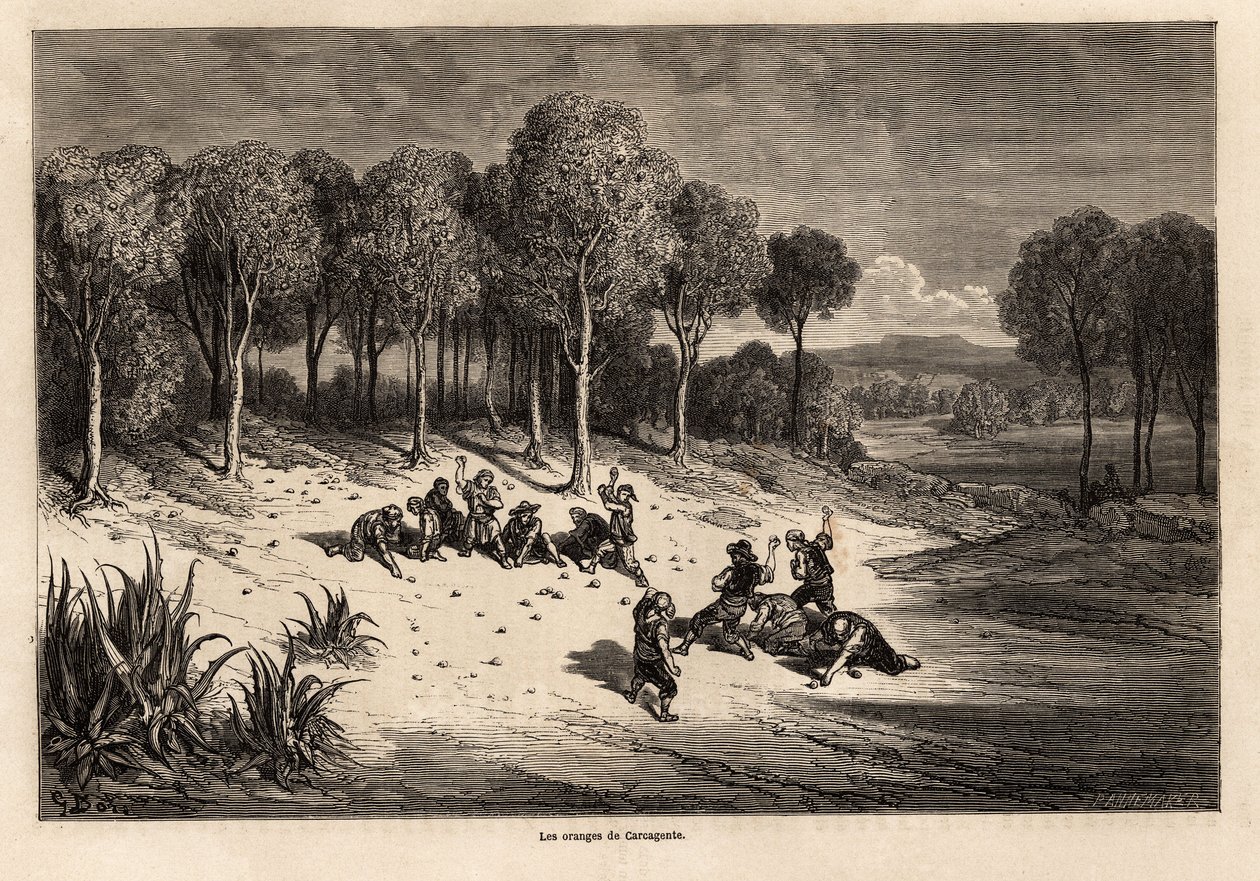 Battle of Oranges af Carcagente, tegning af Gustave Dore (1832-1883), for at illustrere hans rejse til Spanien med C.Davillier, i 1862. Indgravering i "" Le tour du monde"", redigeret af Edouard Charton af Gustave Dore