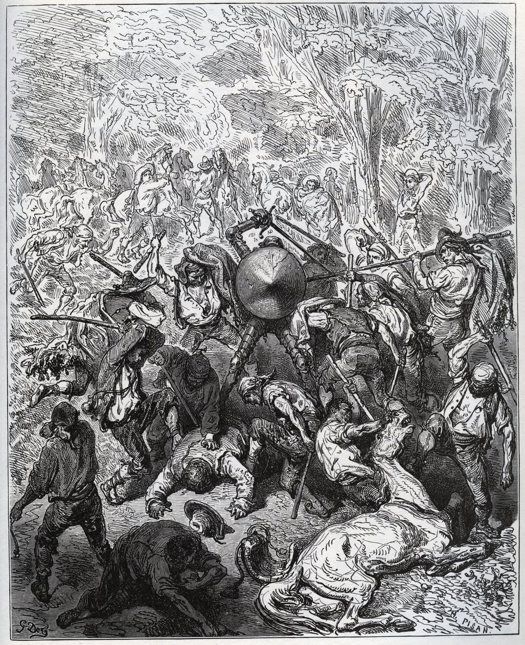 Kamp med muldyrmagere - Yangois brugte deres køller - fra "Don Quixote de la Mancha" af Miguel Cervantes (1547-1616) (Don Quixote) - Træsnit efter tegning af Gustave Dore af Gustave Dore