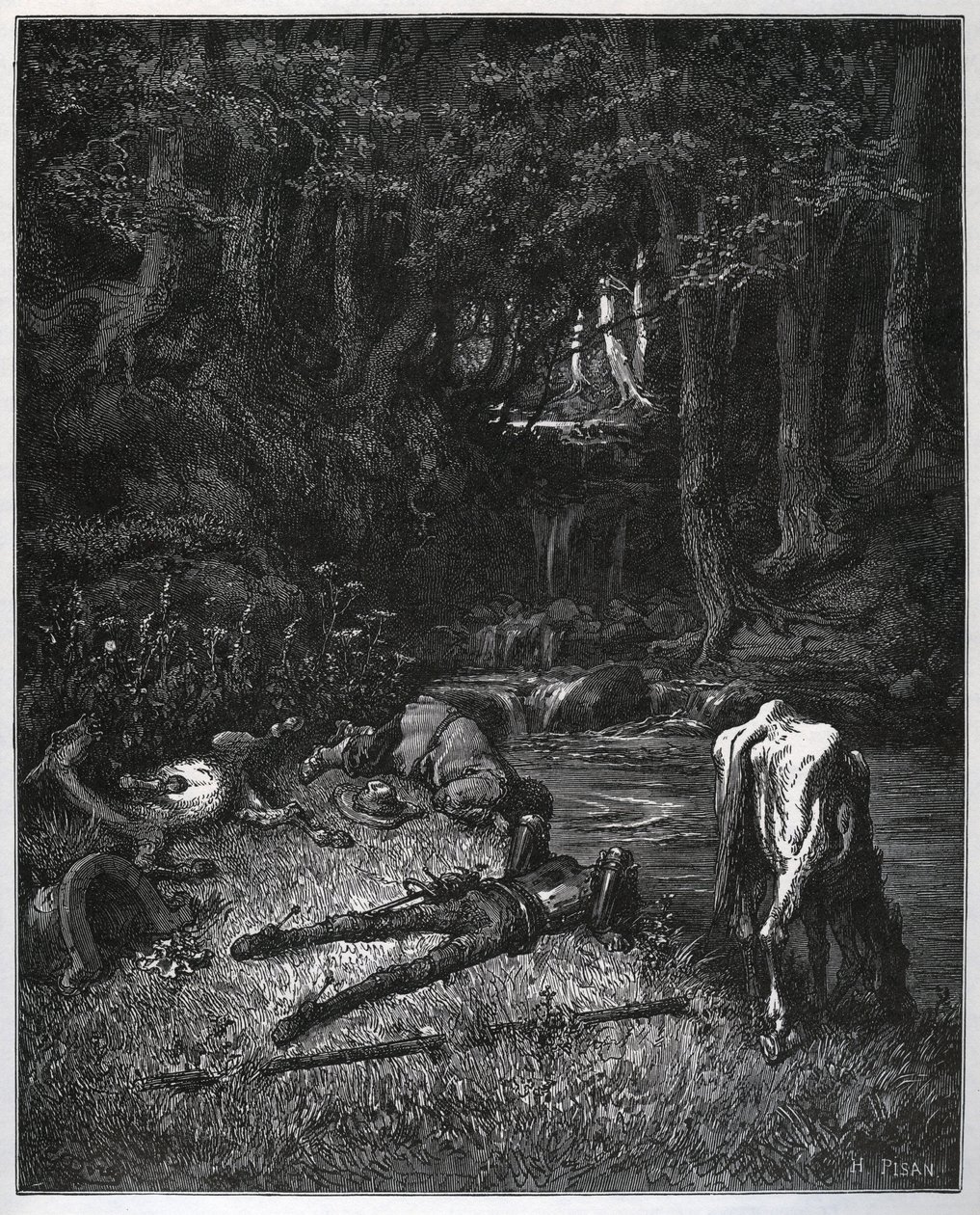 Bivuak i skoven - Oplevet af stedets skønhed besluttede de at tilbringe timerne med lur der - fra "" Don Quixote de la Mancha"" af Miguel Cervantes (1547-1616) (Don Quixote) - Træsnit efter tegning af Gustave Dore af Gustave Dore