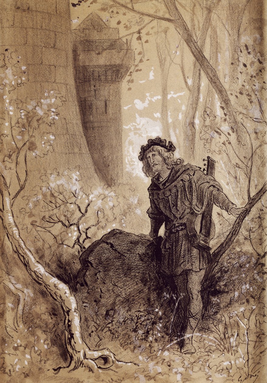 Blondel, der hører Richard Løvehjertes stemme, illustration til Gargantua og Pantagruel af Francois Rabelais (1483-1494 - 1553), gravering af Gustave Dore (1832-1883) af Gustave Dore