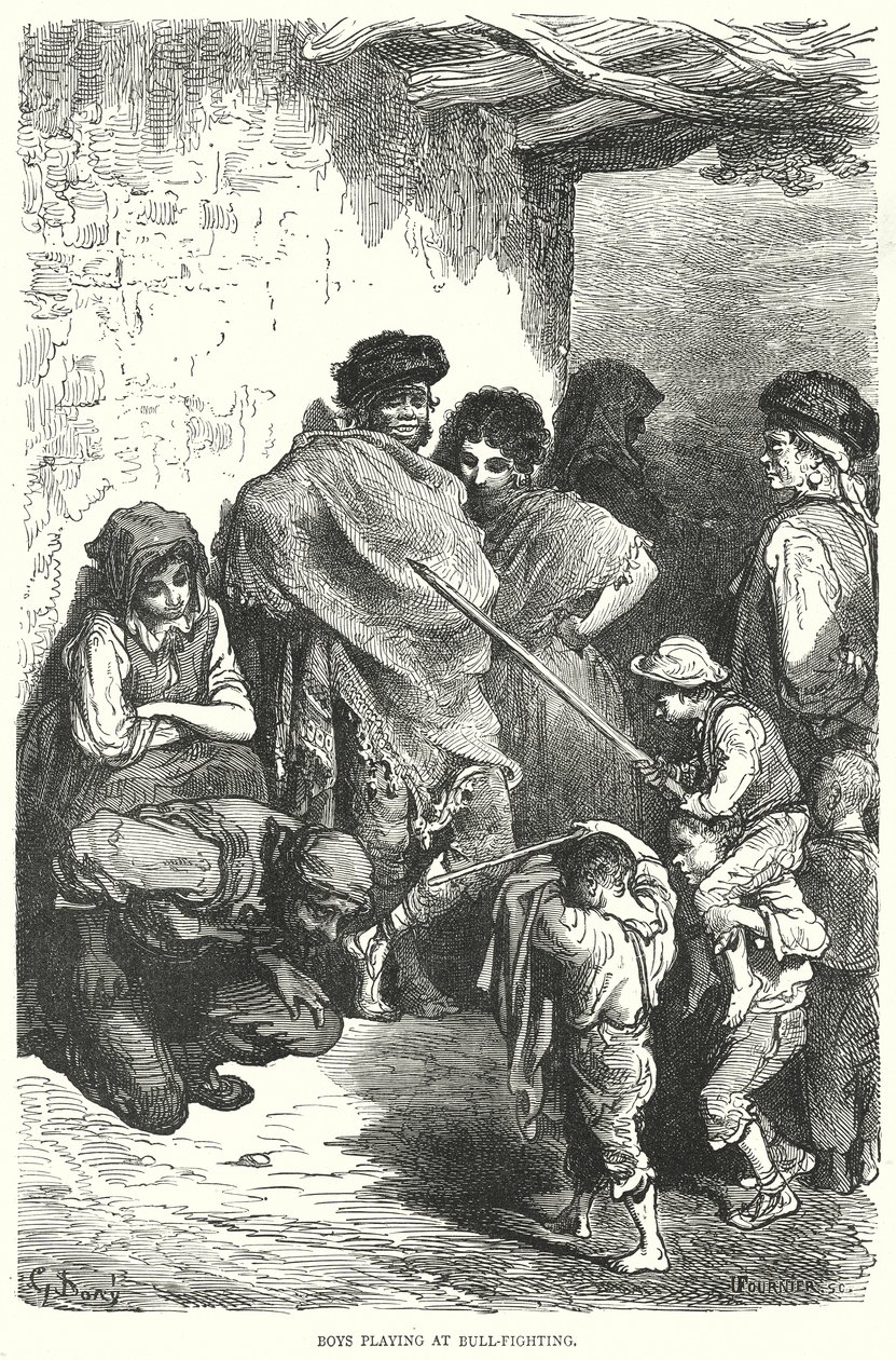 Drenge leger tyrefægtning (gravering) af Gustave Dore