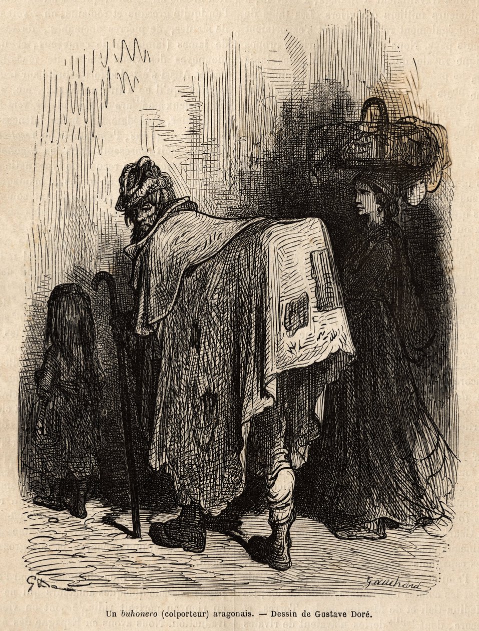 Buhonero, aragonisk kræmmer. Tegning af Gustave Dore (1832-1883). Gravering til illustration af rejsen i Spanien, af Charles Davillier, i 1862, udgivet i "" Le tour du monde""" 1872, redigeret af Edouard Charton, Hachette-udgaven, Paris. Selva samling. af Gustave Dore