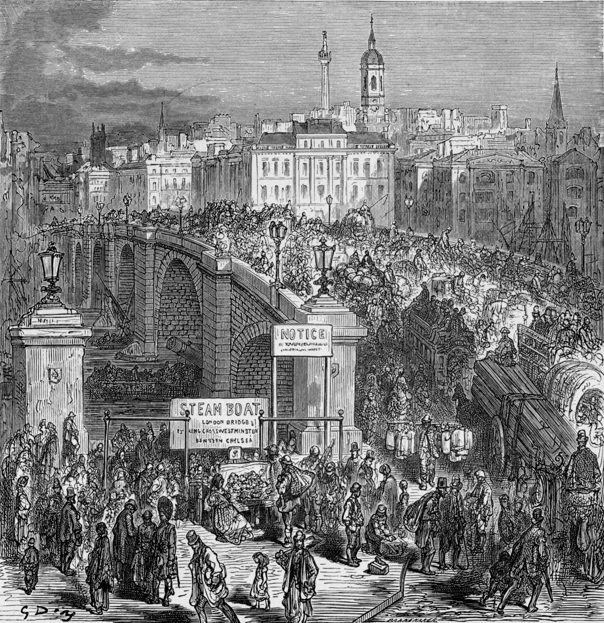 Travl scene på London Bridge, 1872. af Gustave Dore