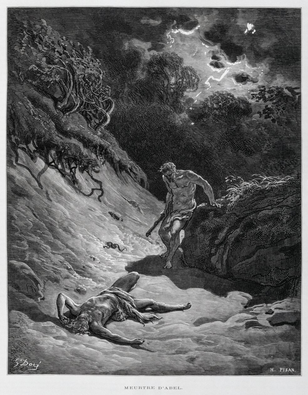 Kain dræber sin bror Abel, Illustration fra Dore-bibelen af Gustave Dore