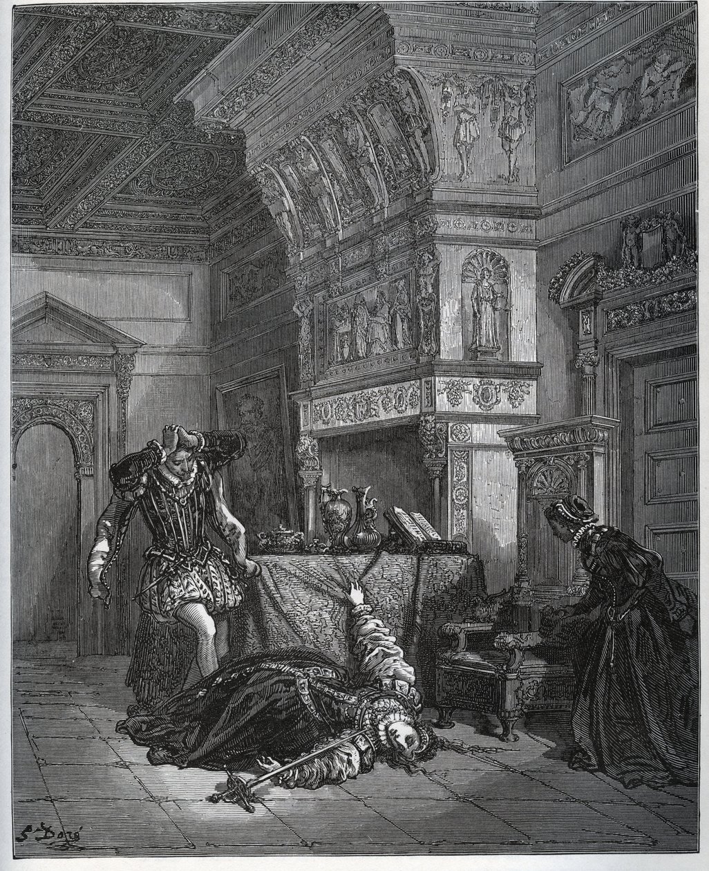 Camille finter selvmord foran Lothaire og Leonella - fra "Don Quixote de la Mancha" af Miguel Cervantes (1547-1616) (Don Quixote) - Træsnit efter tegning af Gustave Dore af Gustave Dore