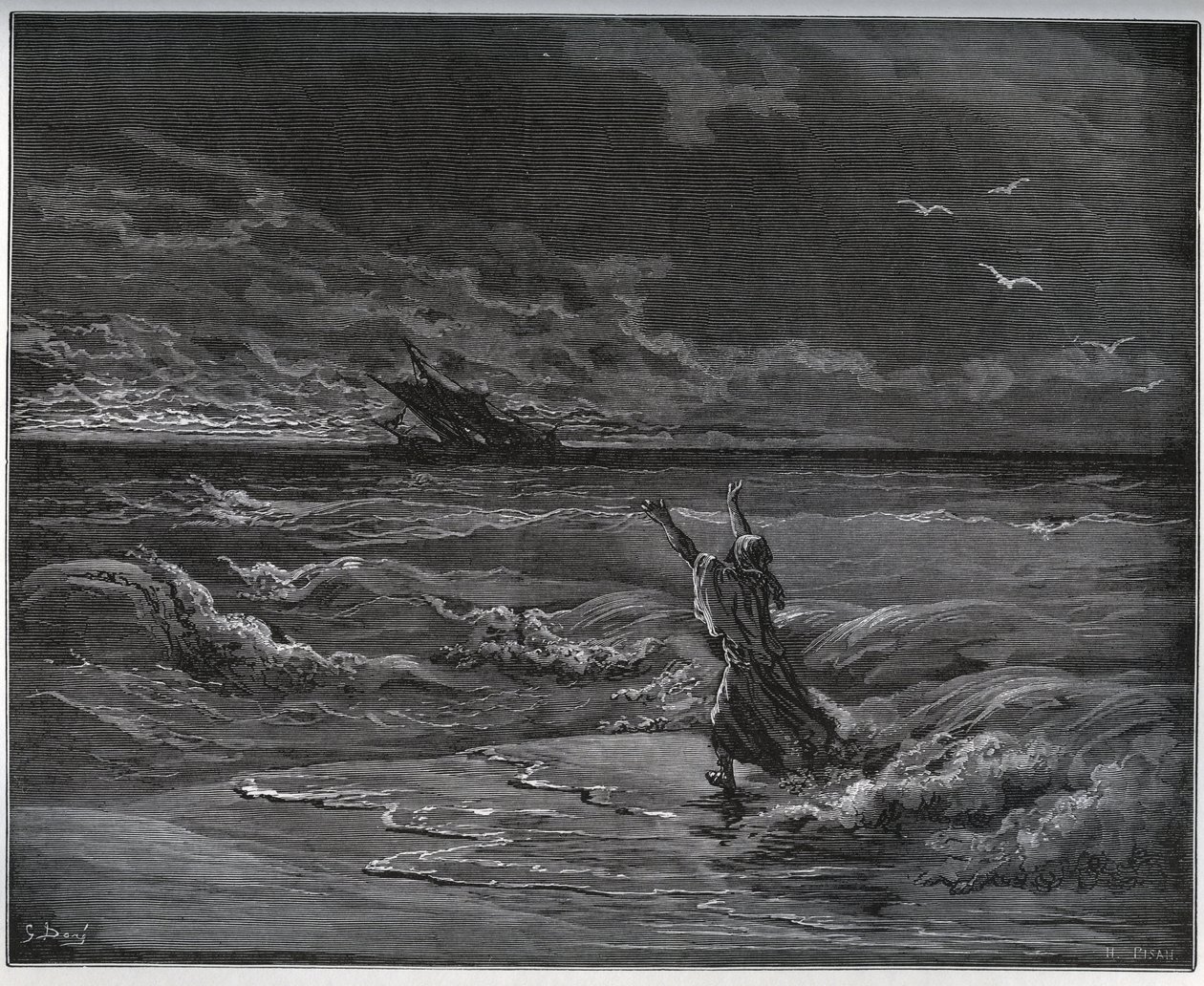 Fangehistorie. Aagi-Morato, Zoraides far, barker på kysten fra "Don Quixote de la Mancha"" af Miguel Cervantes (1547-1616) (Don Quixote) - Træsnit efter tegning af Gustave Dore af Gustave Dore