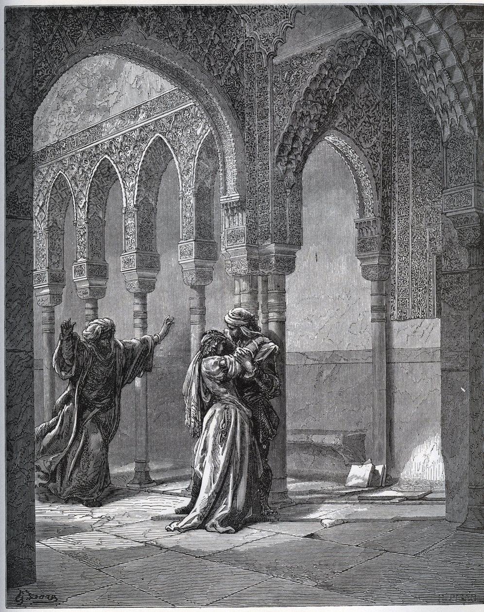 Fangehistorie. Fangens første møde med Zoraide i hendes fars have - fra "Don Quixote de la Mancha"" af Miguel Cervantes (1547-1616) (Don Quixote) - Træsnit efter tegning af Gustave Dore af Gustave Dore